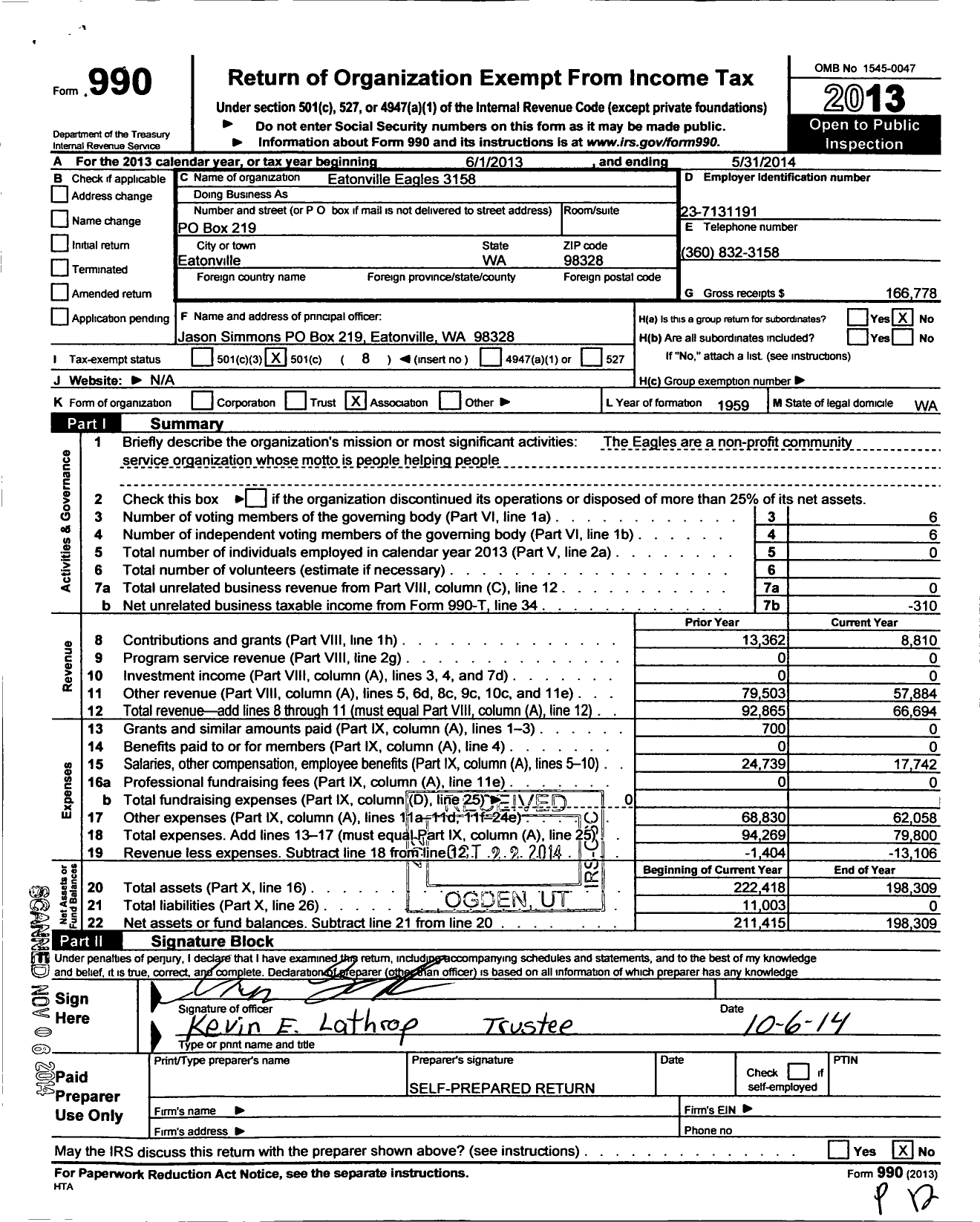 Image of first page of 2013 Form 990O for Fraternal Order of Eagles 3158 Aerie