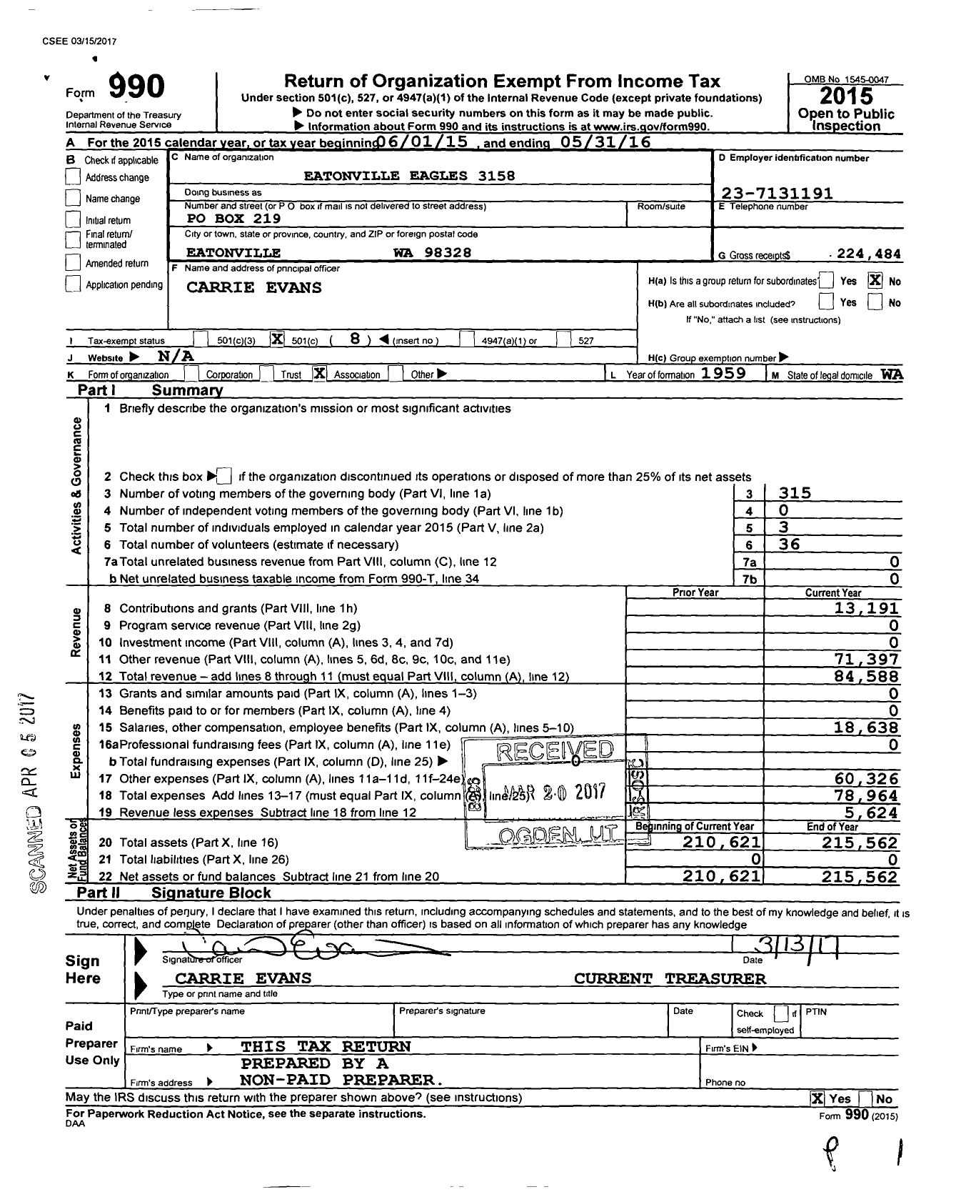 Image of first page of 2015 Form 990O for Fraternal Order of Eagles 3158 Aerie