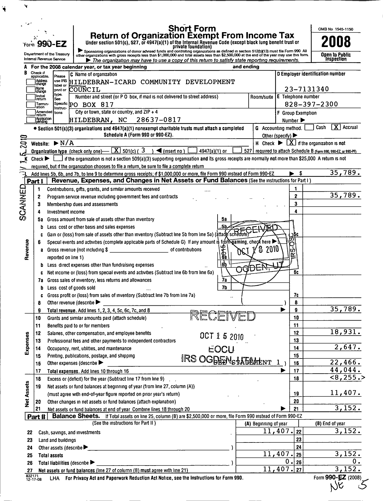 Image of first page of 2008 Form 990EZ for Hildebran-Icard Community Development Council