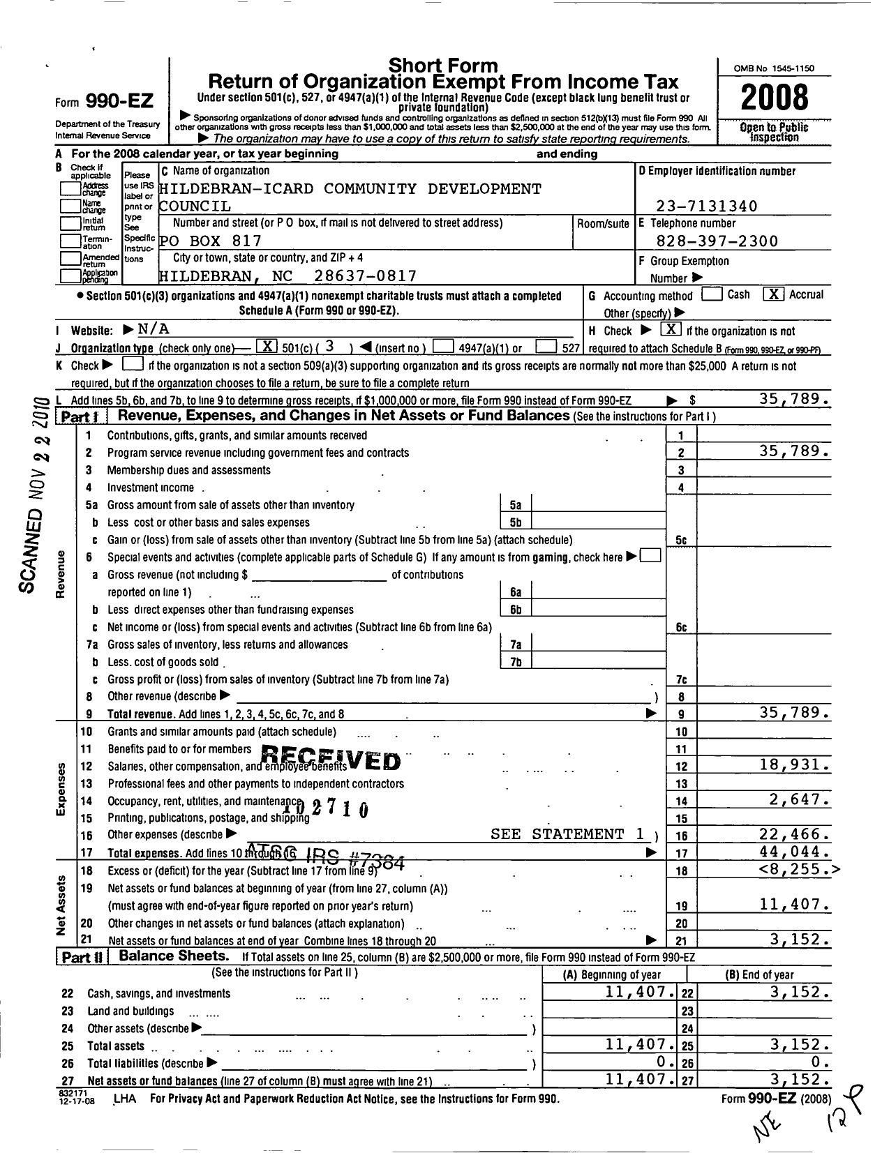 Image of first page of 2008 Form 990EZ for Hildebran-Icard Community Development Council