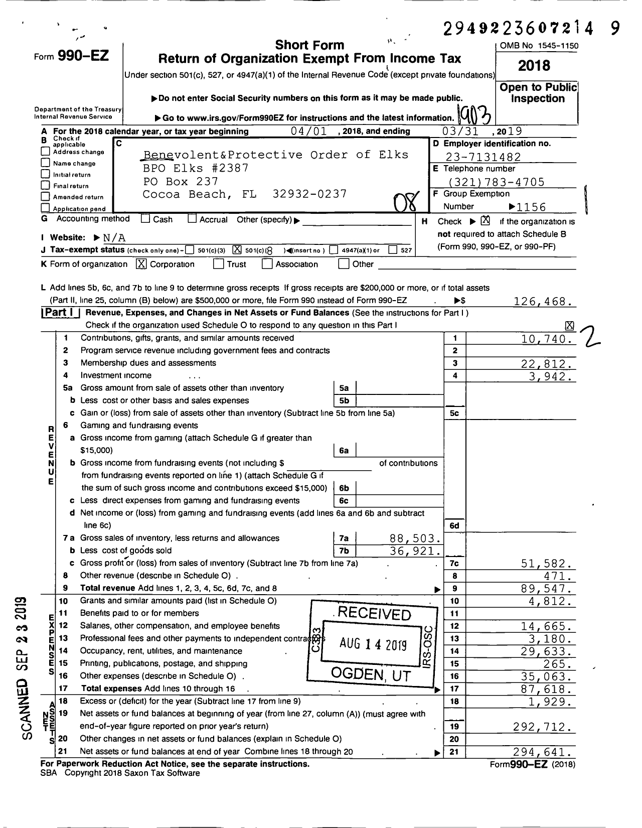 Image of first page of 2018 Form 990EO for Benevolent and Protective Order of Elks - 2387 Cocoa Beach