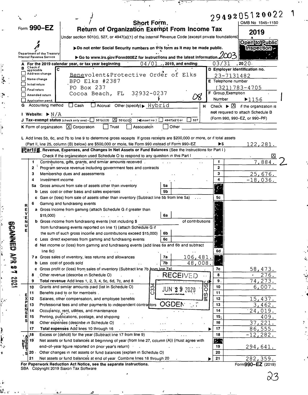 Image of first page of 2019 Form 990EO for Benevolent and Protective Order of Elks - 2387 Cocoa Beach