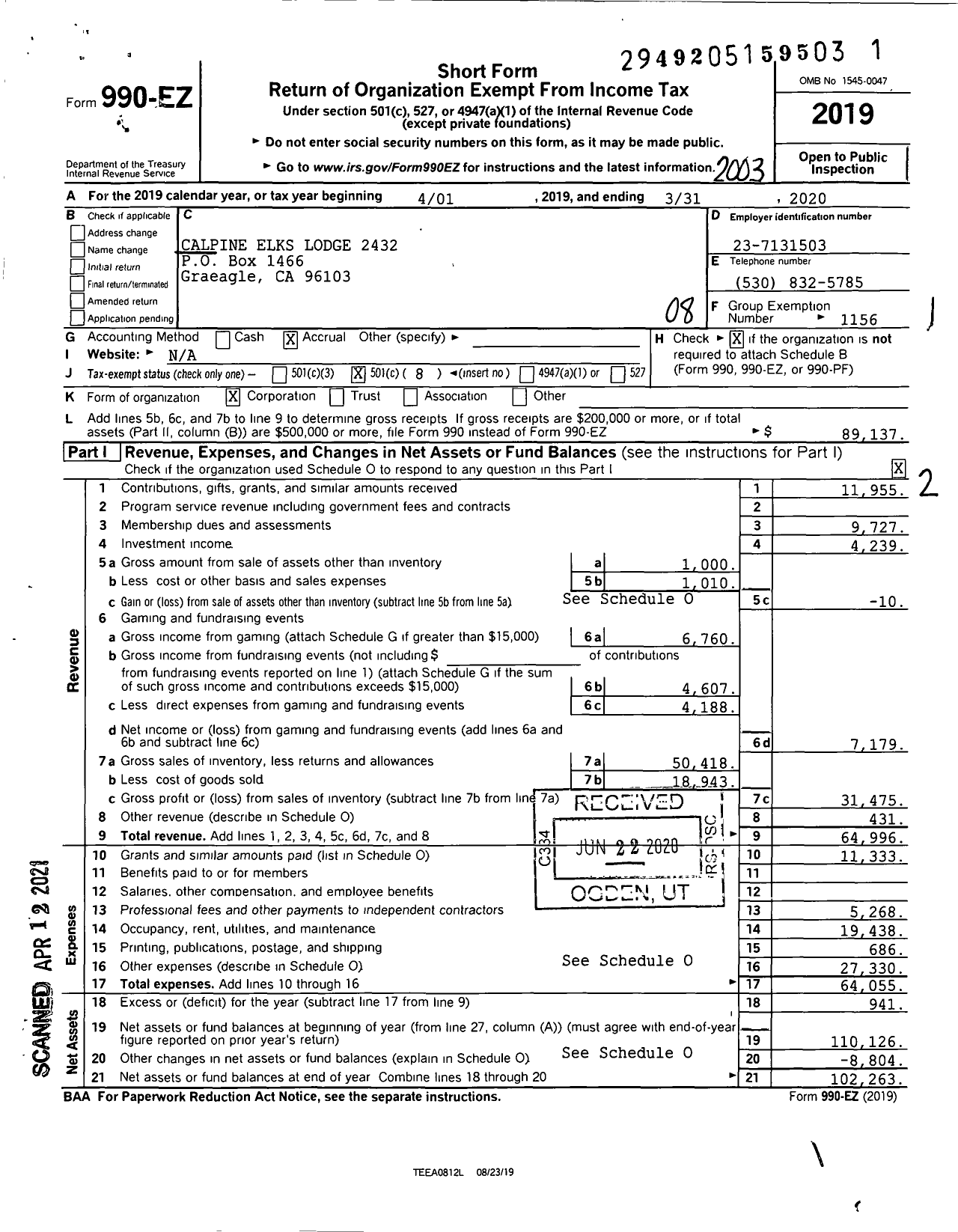 Image of first page of 2019 Form 990EO for Calpine Elks Lodge 2432