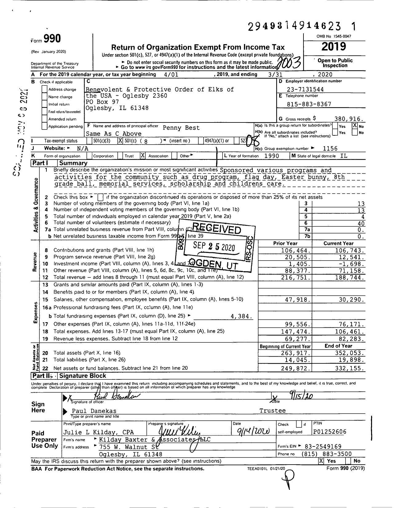 Image of first page of 2019 Form 990O for Benevolent and Protective Order of Elks - 2360 Oglesby