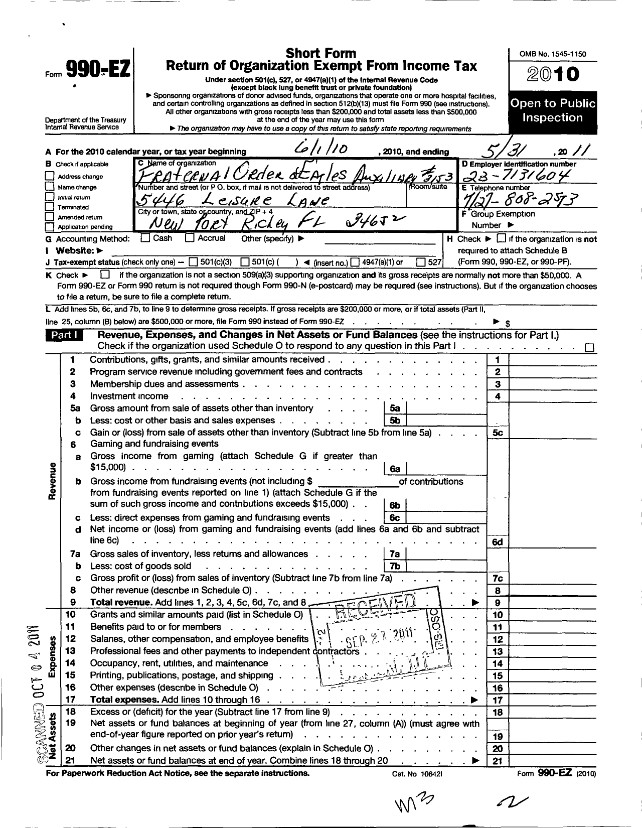 Image of first page of 2010 Form 990EO for Fraternal Order of Eagles - 3153 Aux