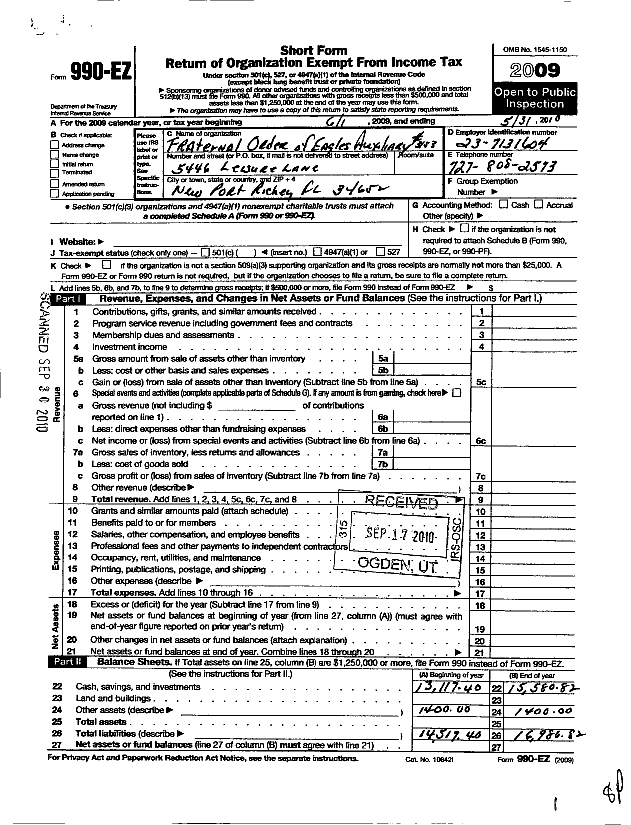 Image of first page of 2009 Form 990EO for Fraternal Order of Eagles - 3153 Aux