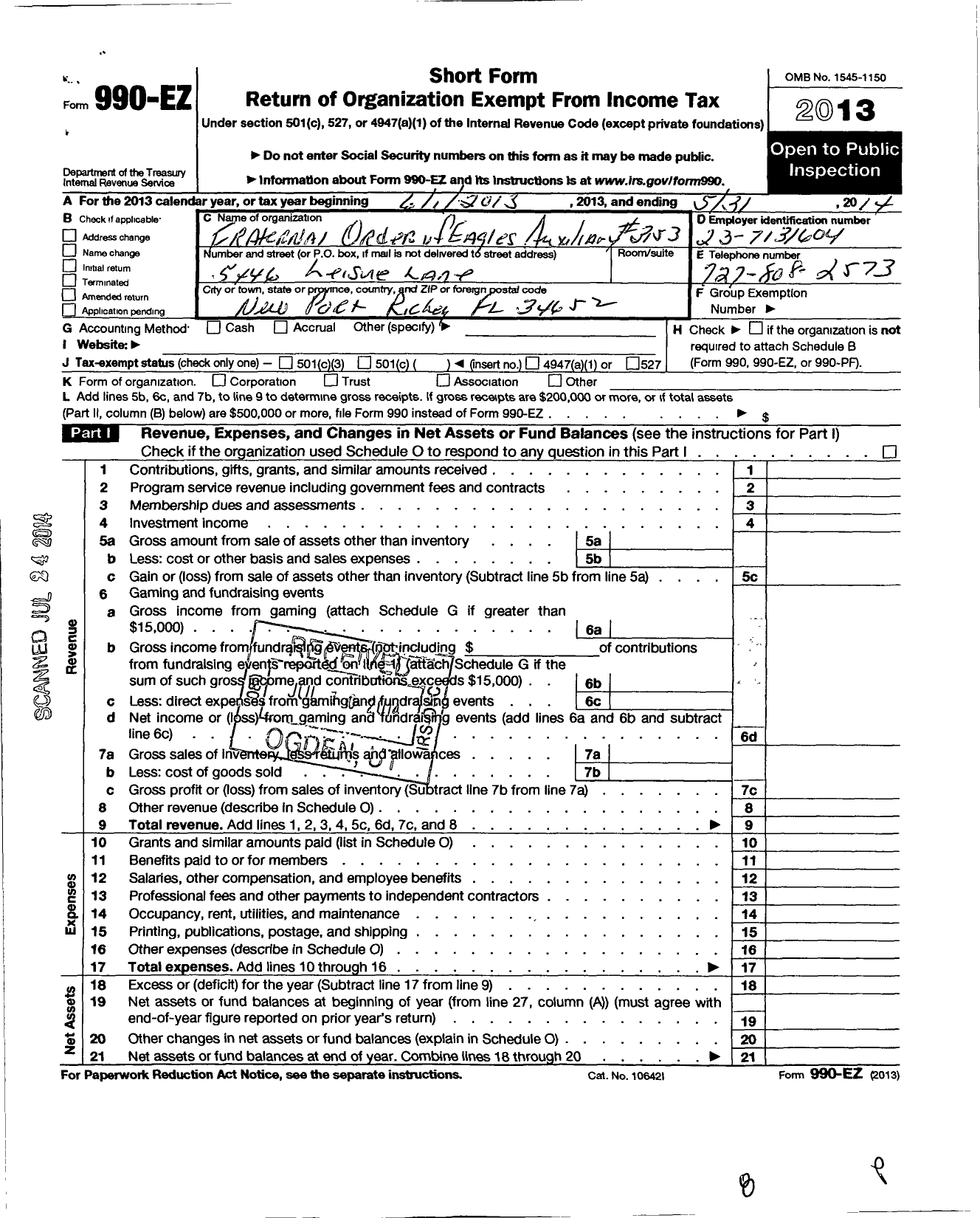 Image of first page of 2013 Form 990EO for Fraternal Order of Eagles - 3153 Aux