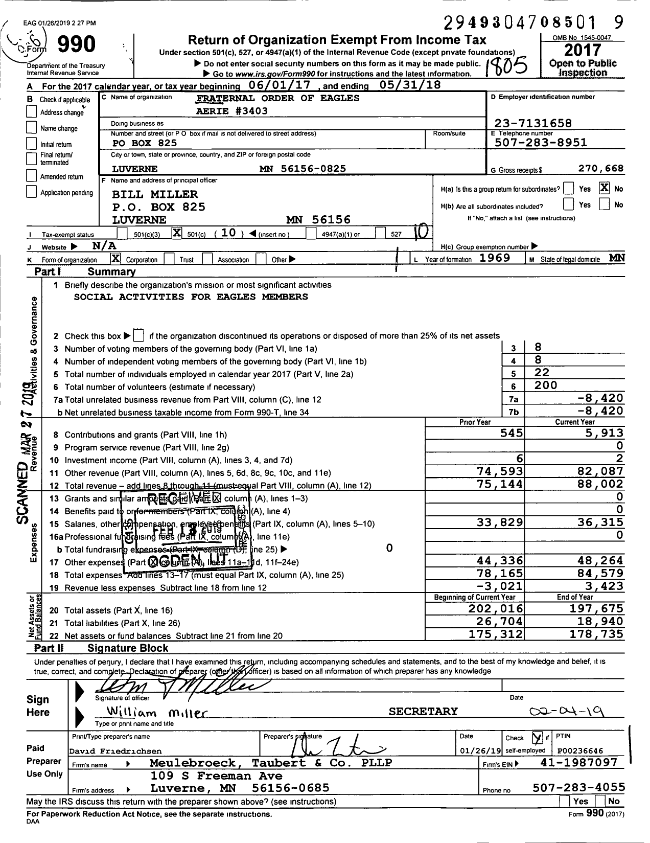 Image of first page of 2017 Form 990O for Fraternal Order of Eagles - 3403 Aerie