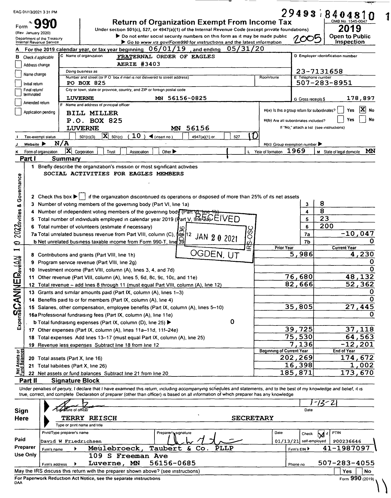 Image of first page of 2019 Form 990O for Fraternal Order of Eagles - 3403 Aerie