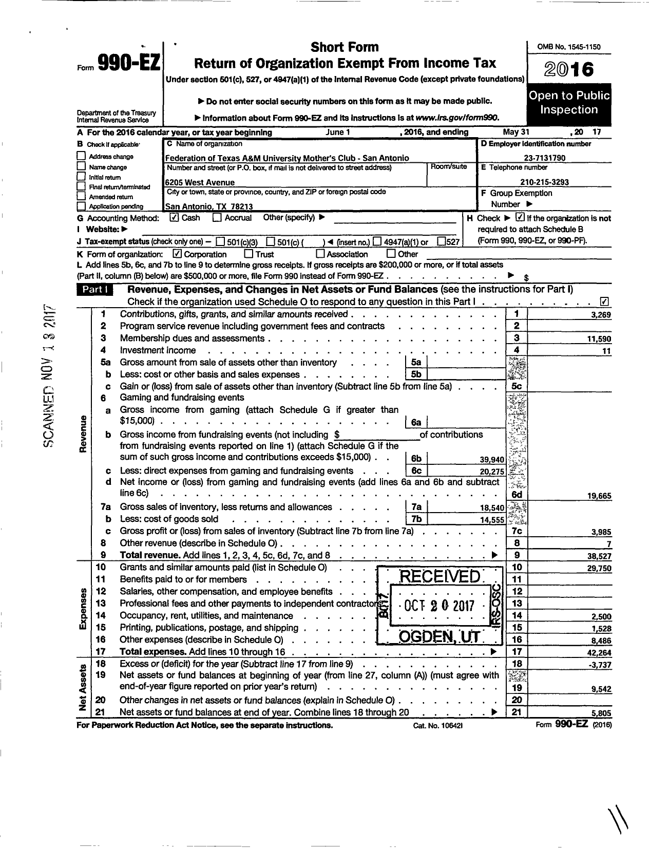 Image of first page of 2016 Form 990EO for Federation of Texas A&M University Mothers Club / San Antonio