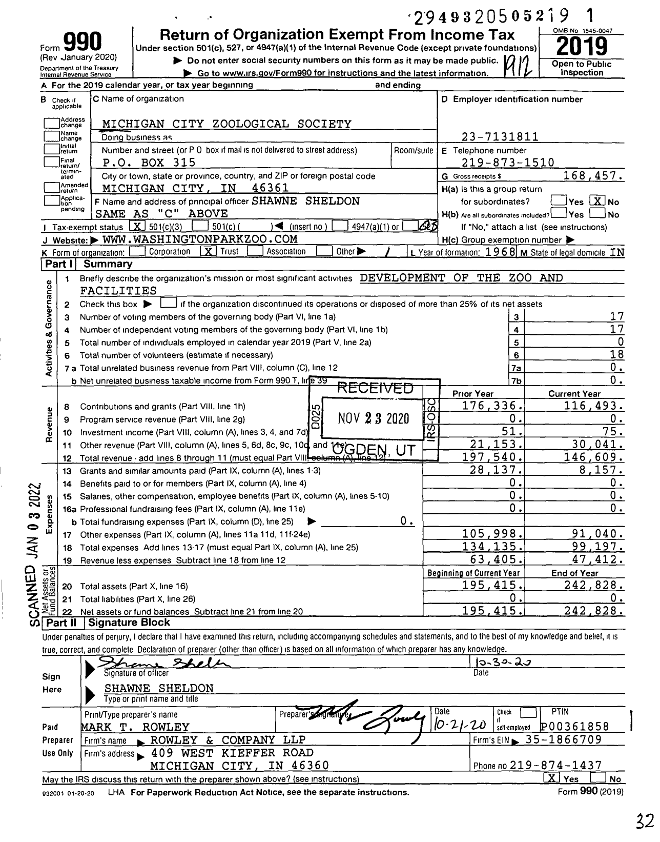 Image of first page of 2019 Form 990 for Michigan City Zoological Society