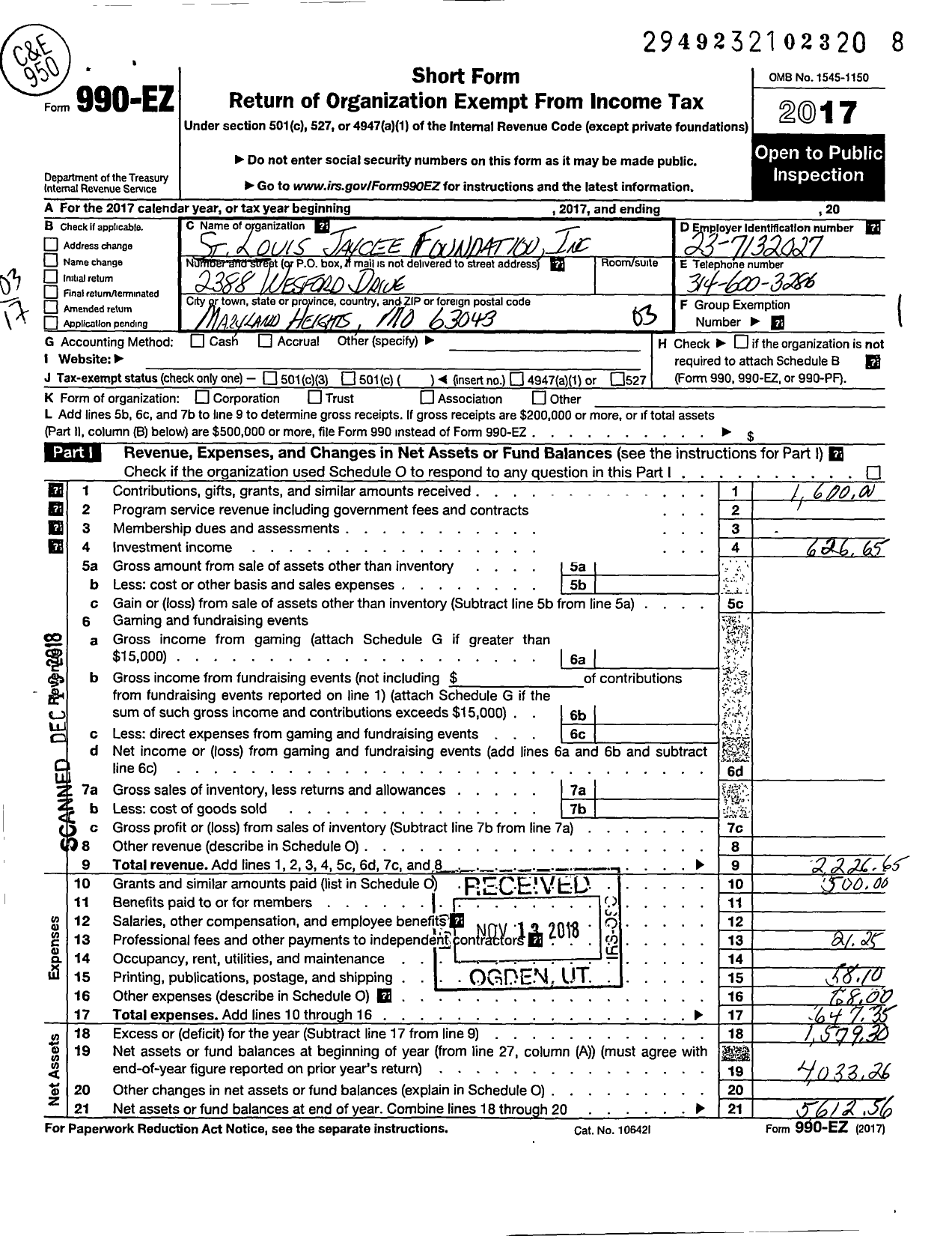 Image of first page of 2017 Form 990EZ for St Louis Jaycee Foundation