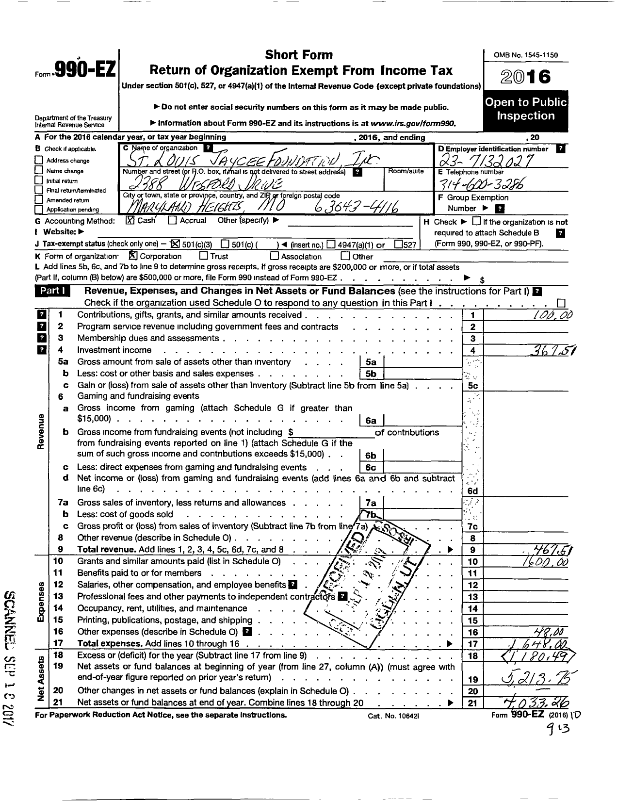 Image of first page of 2016 Form 990EZ for St Louis Jaycee Foundation