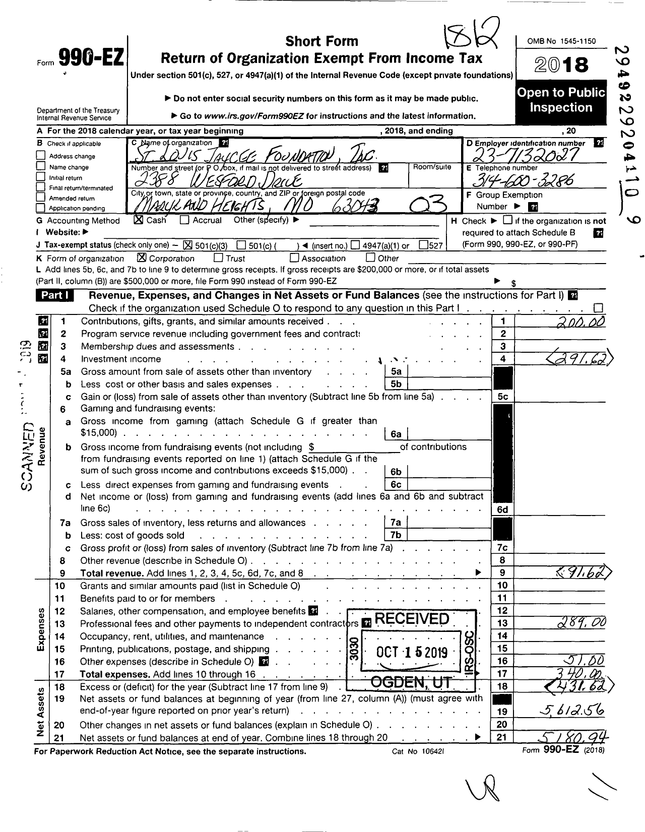 Image of first page of 2018 Form 990EZ for St Louis Jaycee Foundation