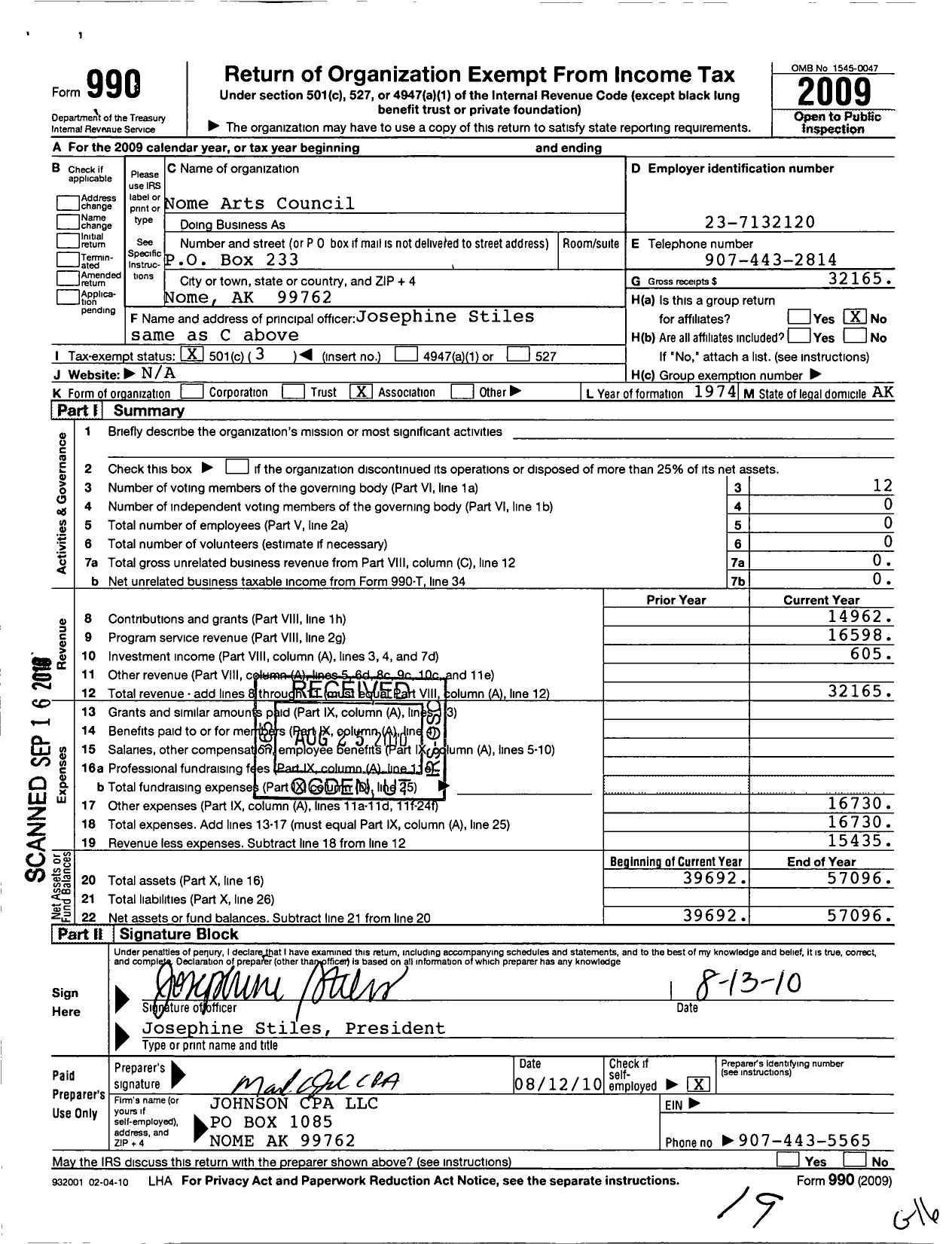 Image of first page of 2009 Form 990 for Nome Arts Council