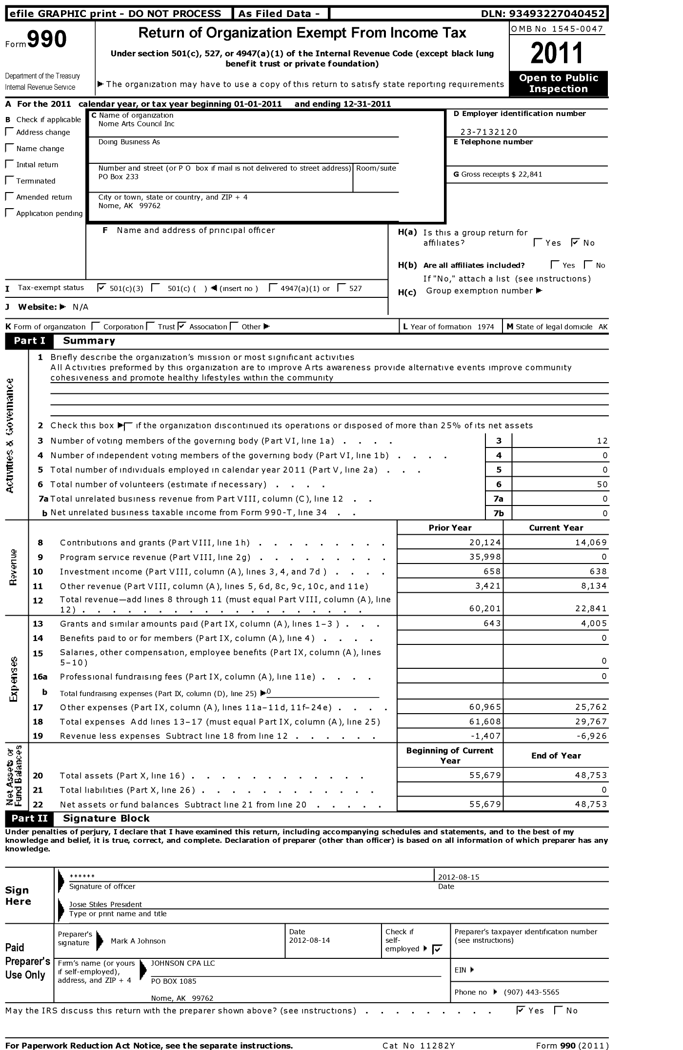 Image of first page of 2011 Form 990 for Nome Arts Council