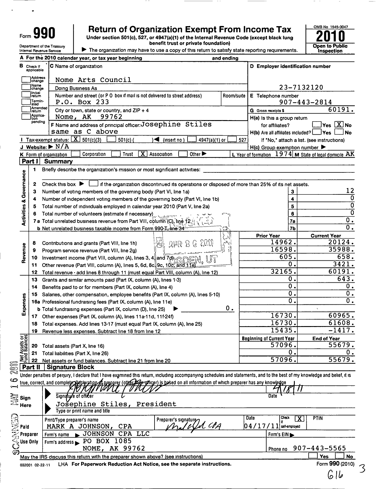 Image of first page of 2010 Form 990 for Nome Arts Council