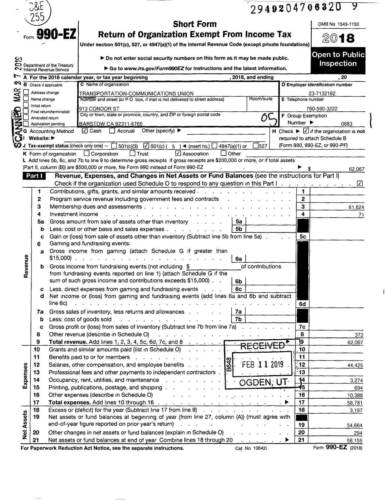 Image of first page of 2018 Form 990EO for Transportation-Communications Union / T6713 Lodge