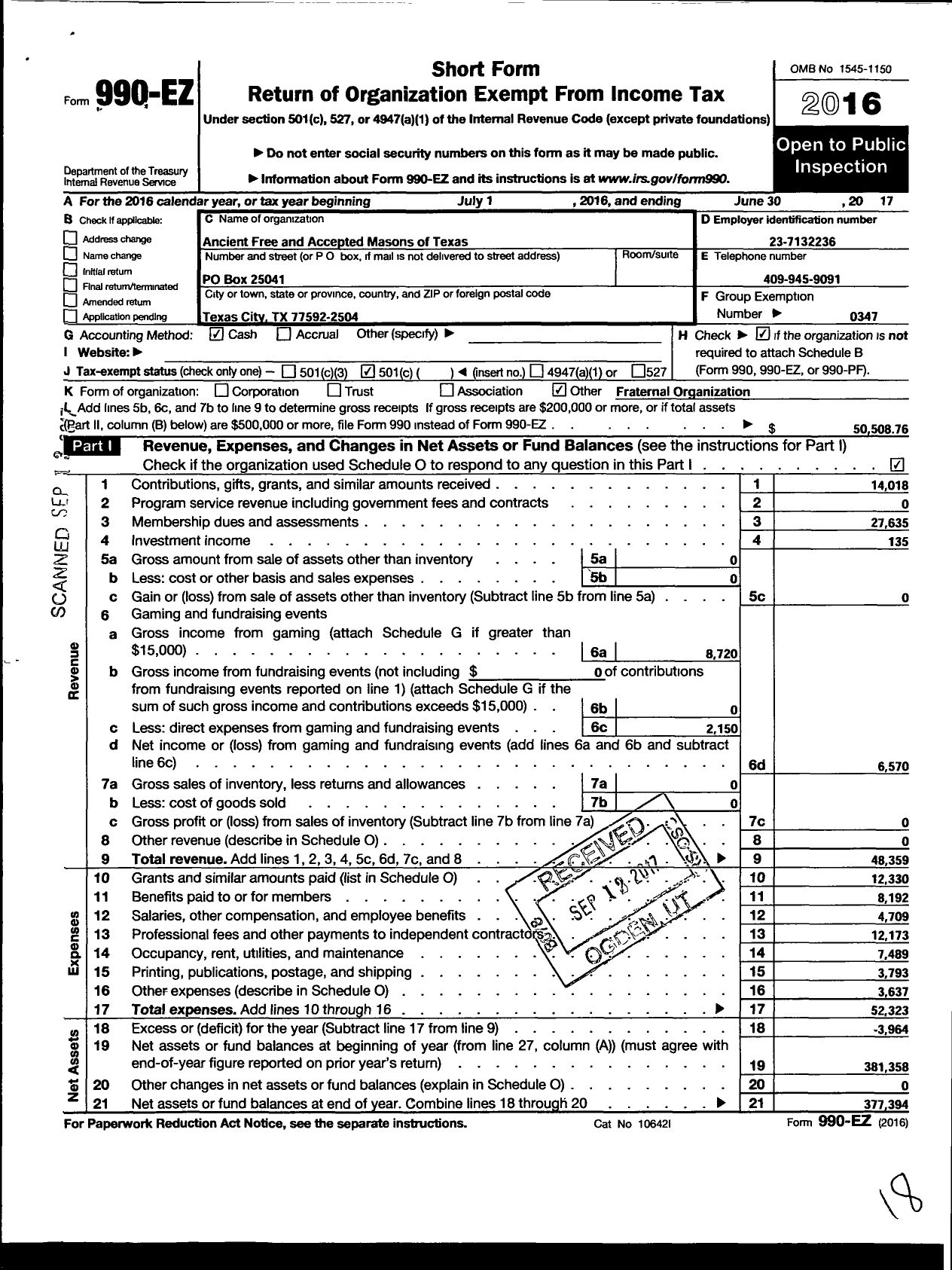 Image of first page of 2016 Form 990EO for Freemasons in Texas - Texas City Masonic Lodge