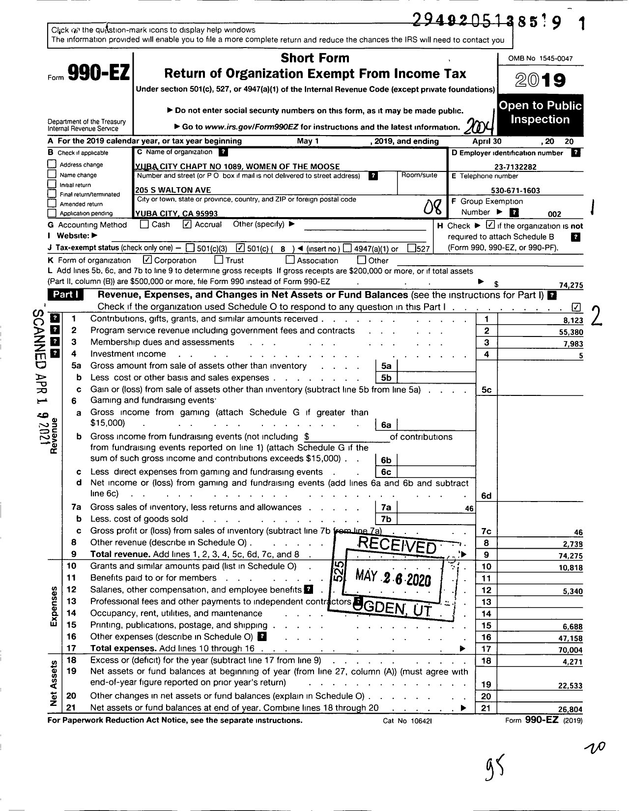 Image of first page of 2019 Form 990EO for Loyal Order of Moose - 1089