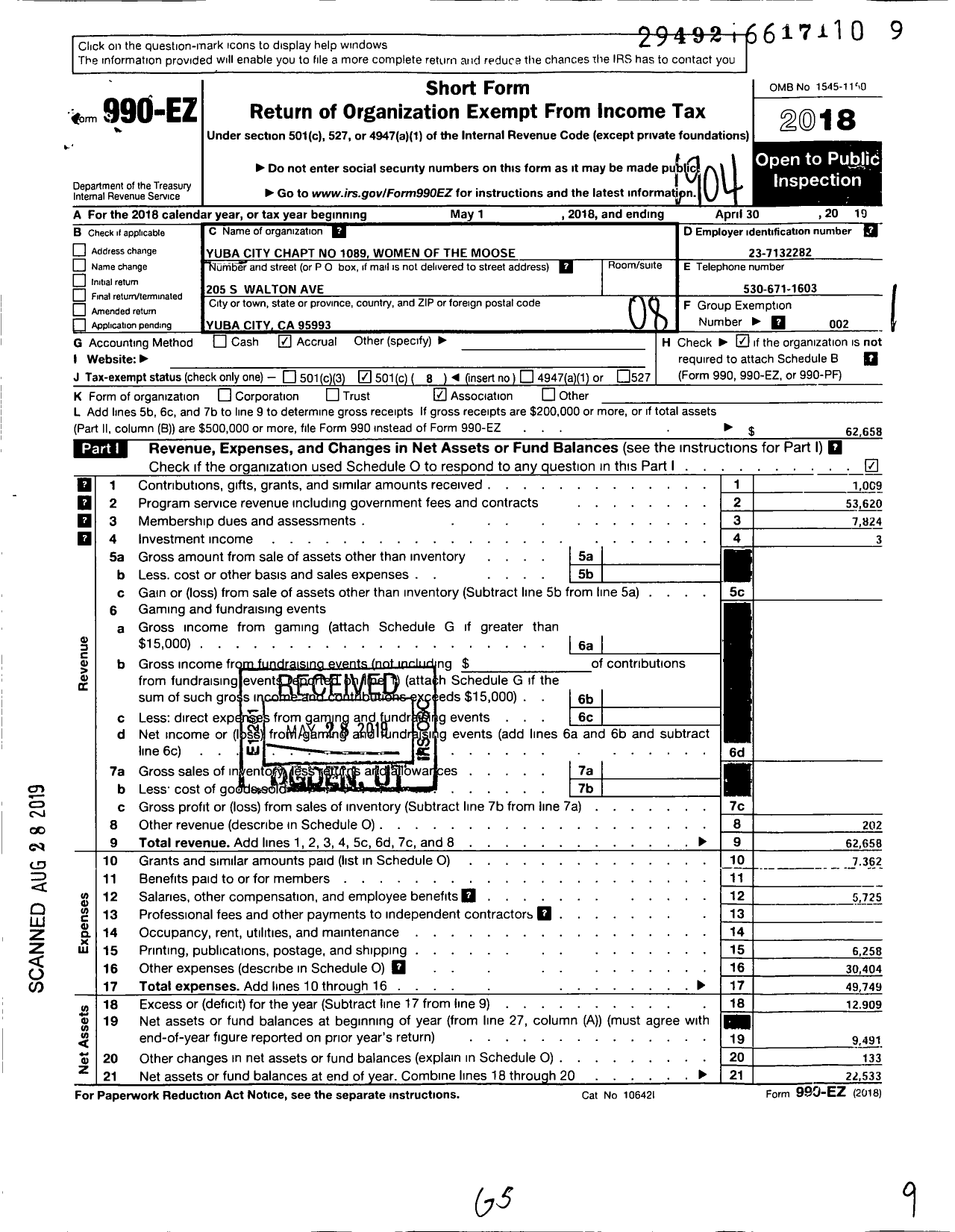 Image of first page of 2018 Form 990EO for Loyal Order of Moose - 1089