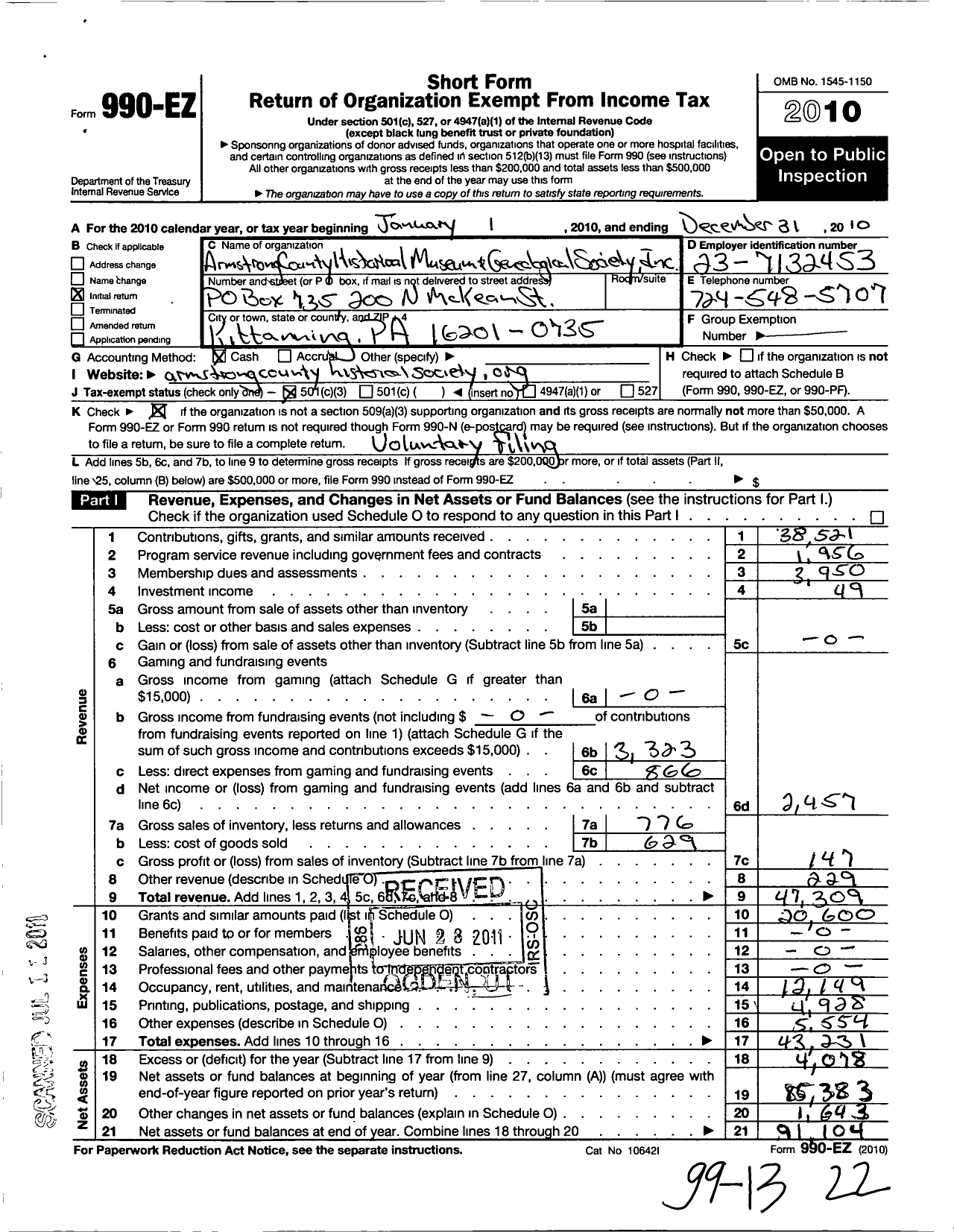 Image of first page of 2010 Form 990EZ for Armstrong County Historical Museum and Genealogical Society