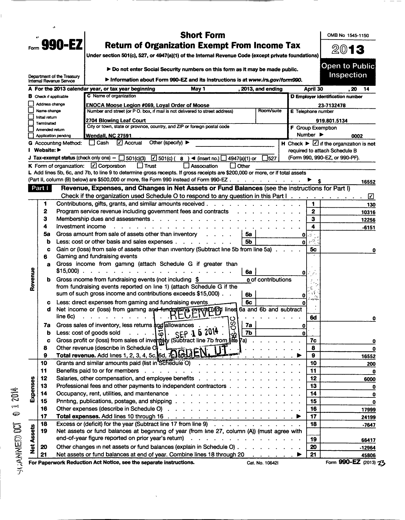 Image of first page of 2013 Form 990EO for Loyal Order of Moose - 69