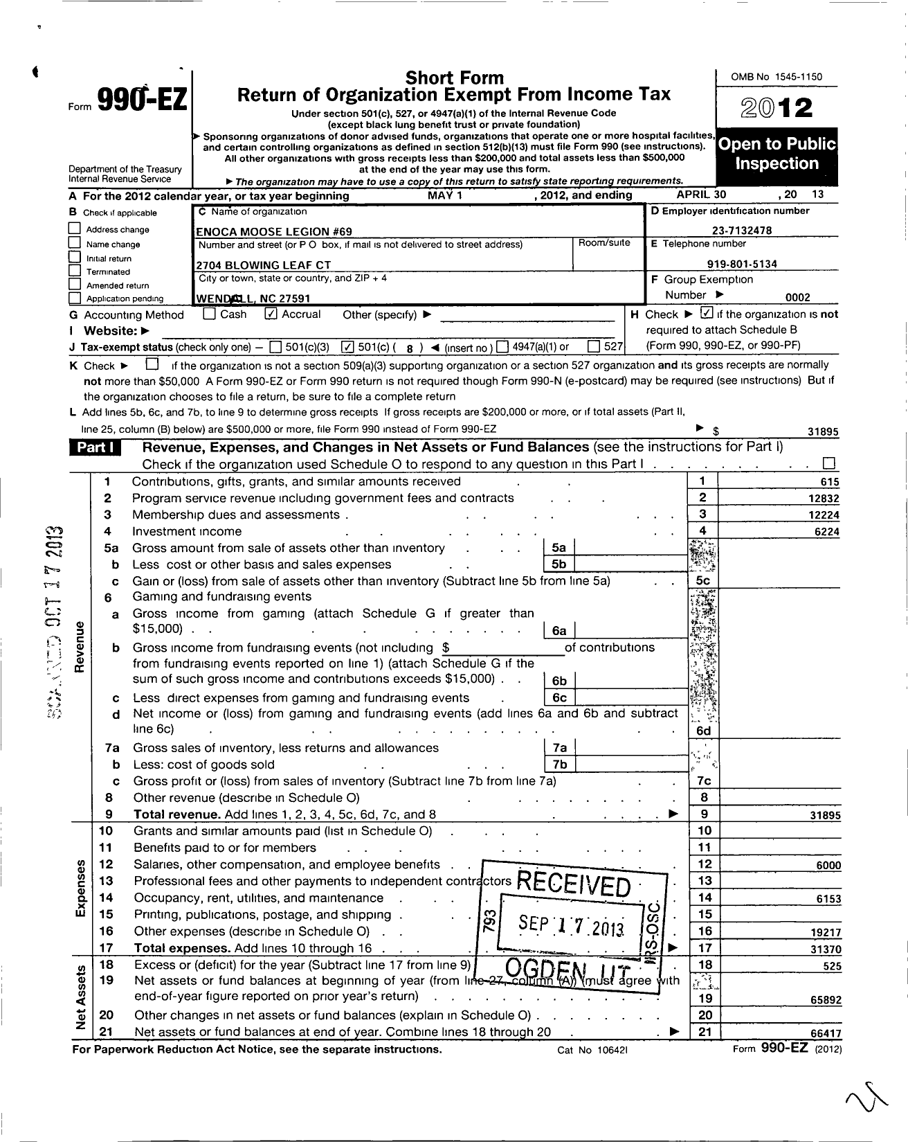 Image of first page of 2012 Form 990EO for Loyal Order of Moose - 69