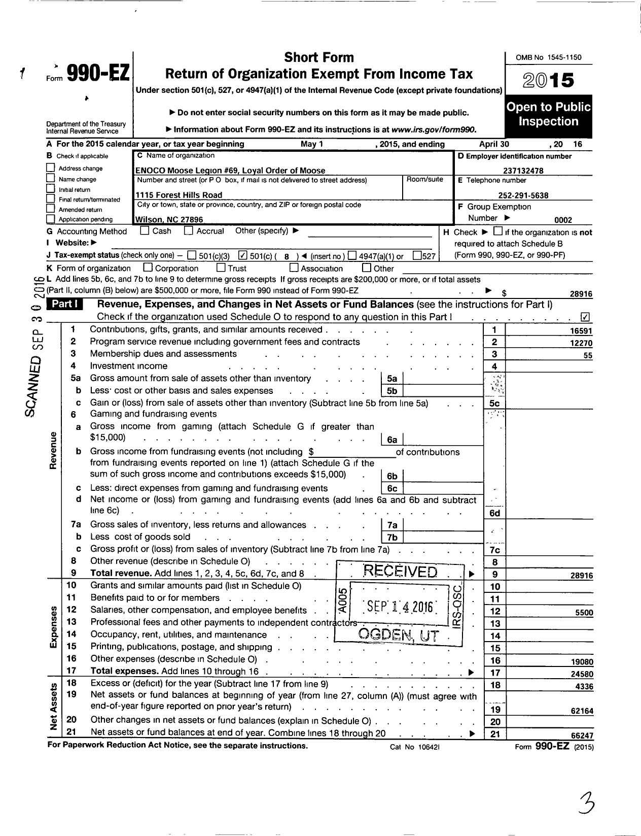 Image of first page of 2015 Form 990EO for Loyal Order of Moose - 69