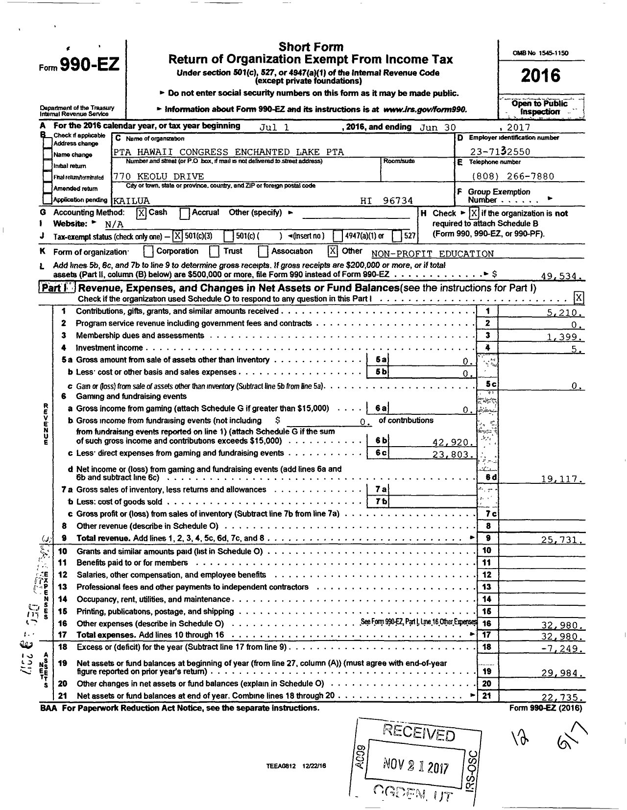 Image of first page of 2016 Form 990EZ for PTA Hawaii Congress / Enchanted Lakes PTA