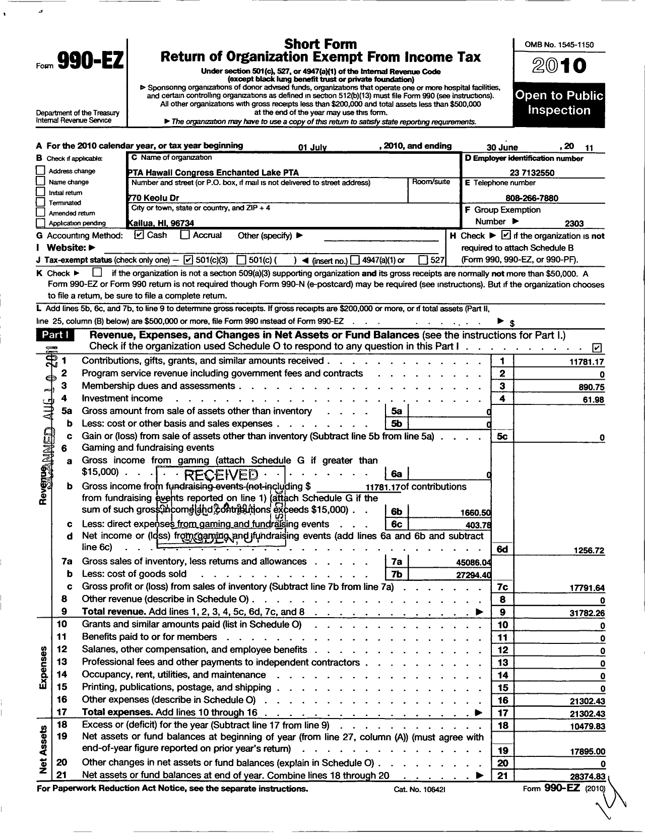 Image of first page of 2010 Form 990EZ for PTA Hawaii Congress / Enchanted Lakes PTA