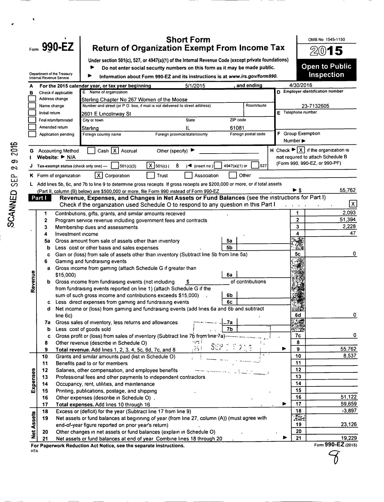 Image of first page of 2015 Form 990EO for Loyal Order of Moose - 267