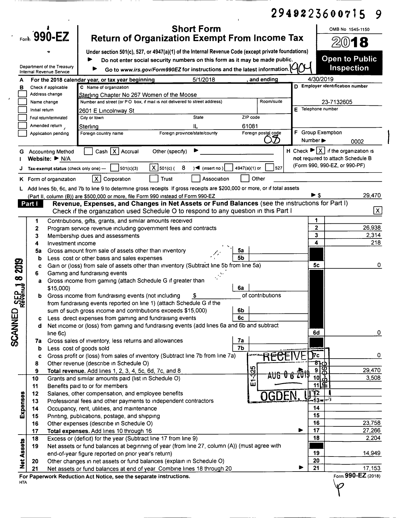 Image of first page of 2018 Form 990EO for Loyal Order of Moose - 267