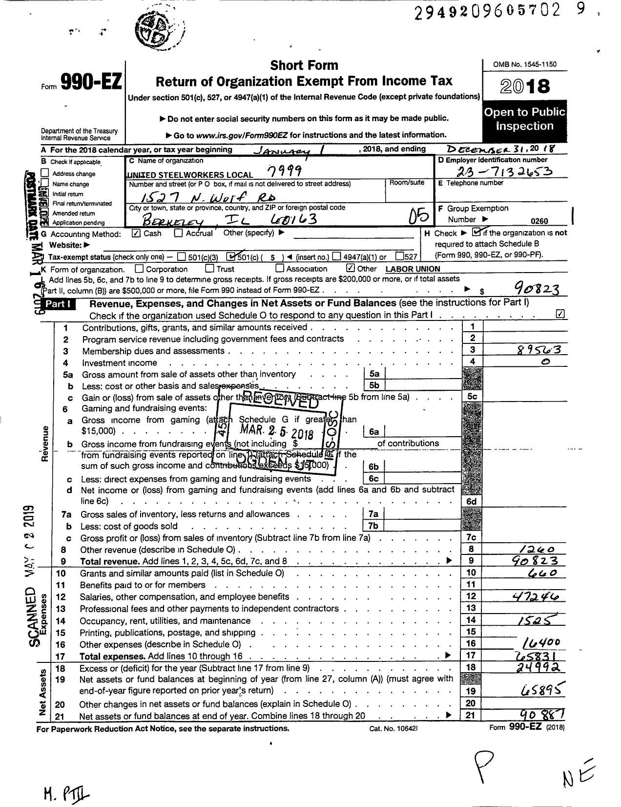 Image of first page of 2018 Form 990EO for United Steelworkers - 07999 Local