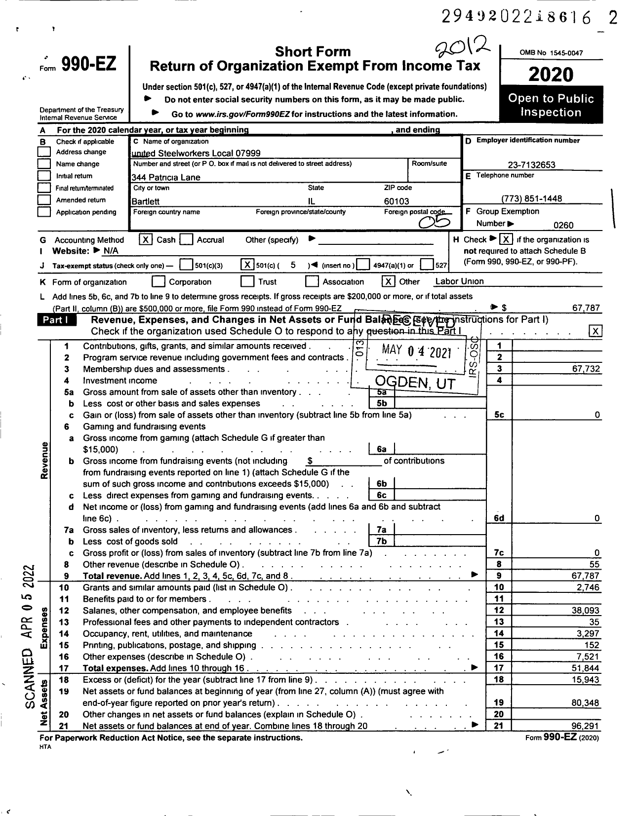 Image of first page of 2020 Form 990EO for United Steelworkers - 07999 Local