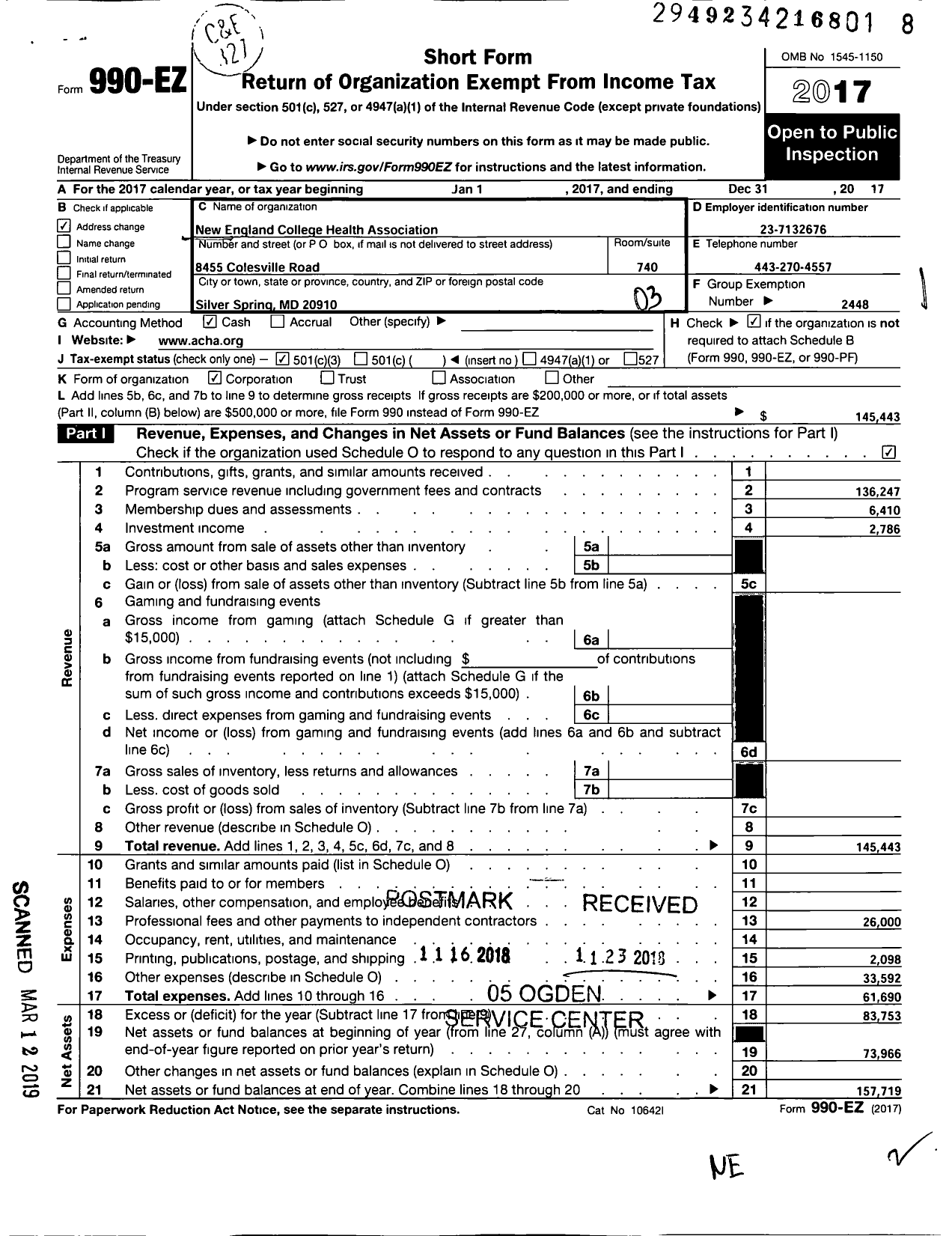 Image of first page of 2017 Form 990EZ for New England College Health Association