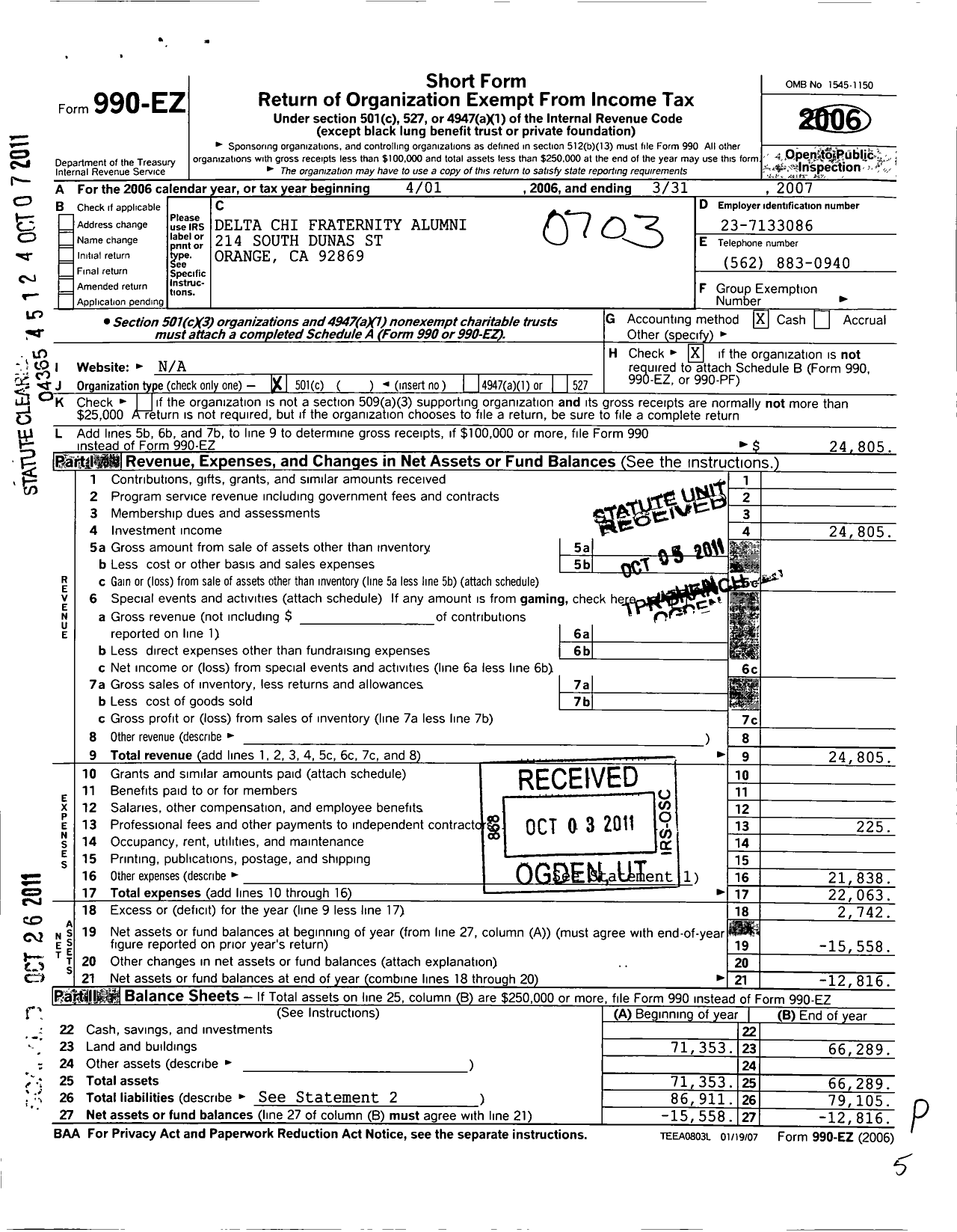 Image of first page of 2006 Form 990EO for Delta Chi Fraternity