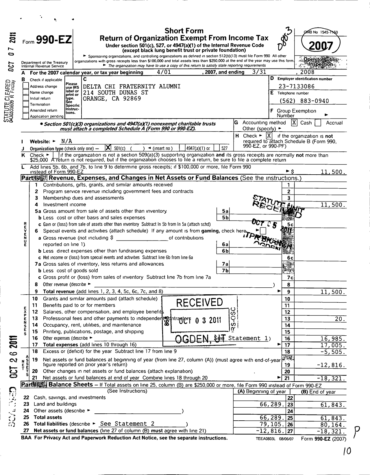 Image of first page of 2007 Form 990EO for Delta Chi Fraternity