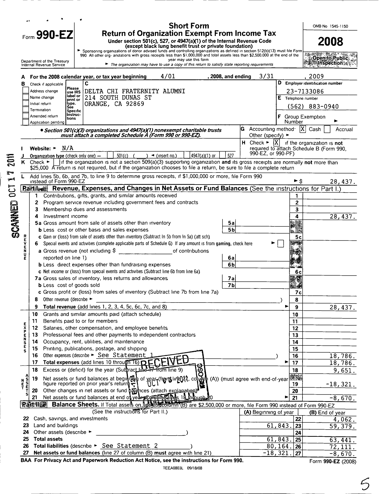 Image of first page of 2008 Form 990EO for Delta Chi Fraternity