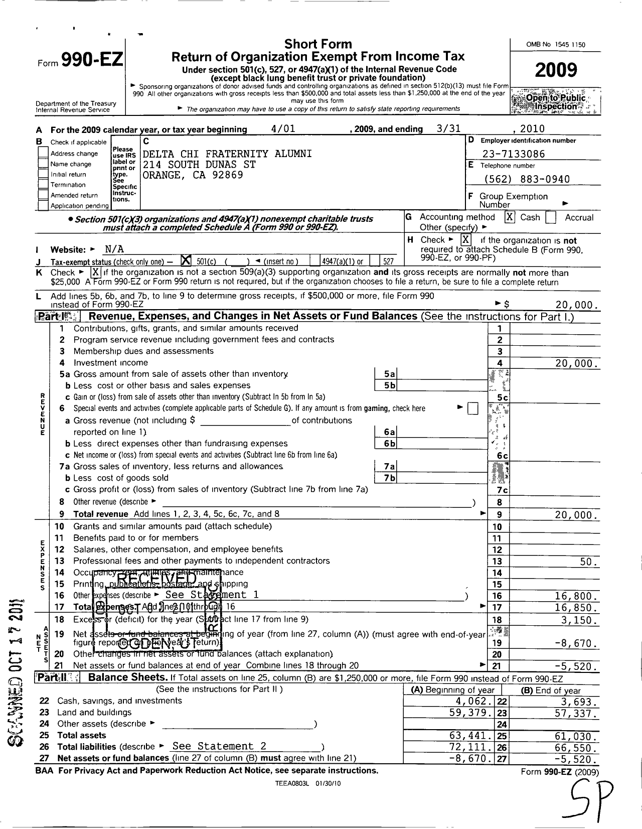 Image of first page of 2009 Form 990EO for Delta Chi Fraternity