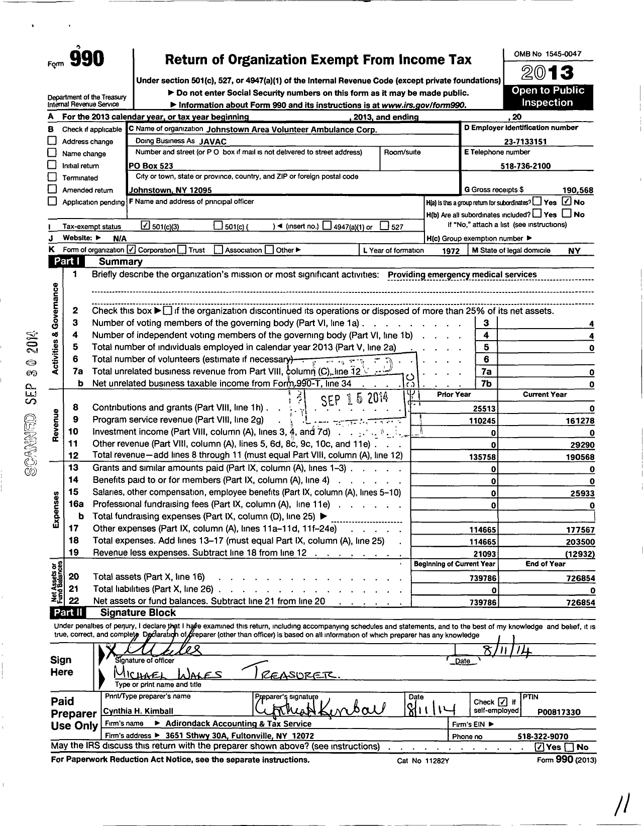 Image of first page of 2013 Form 990 for Johnstown Area Volunteer Ambulance Corporation (JAVAC)