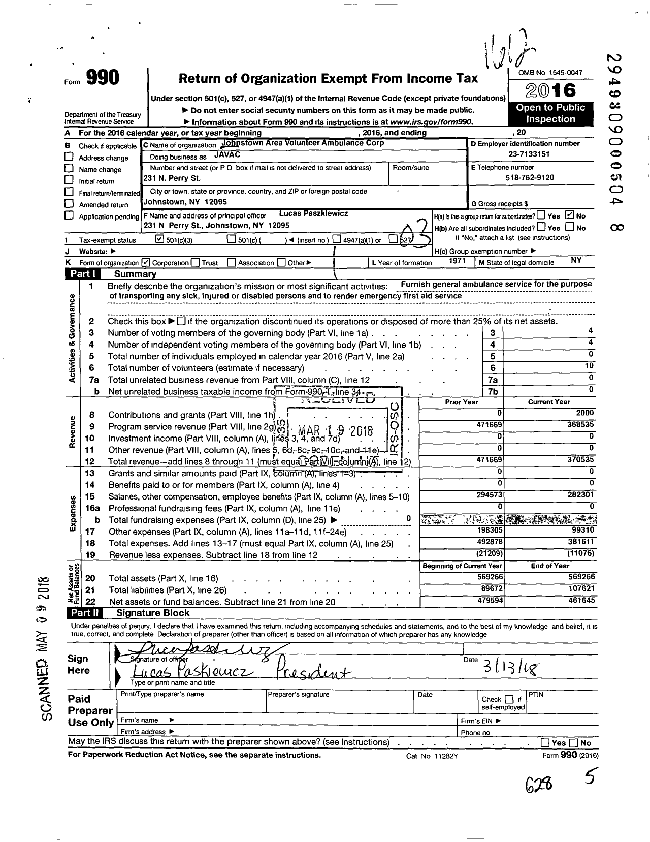 Image of first page of 2016 Form 990 for Johnstown Area Volunteer Ambulance Corporation (JAVAC)