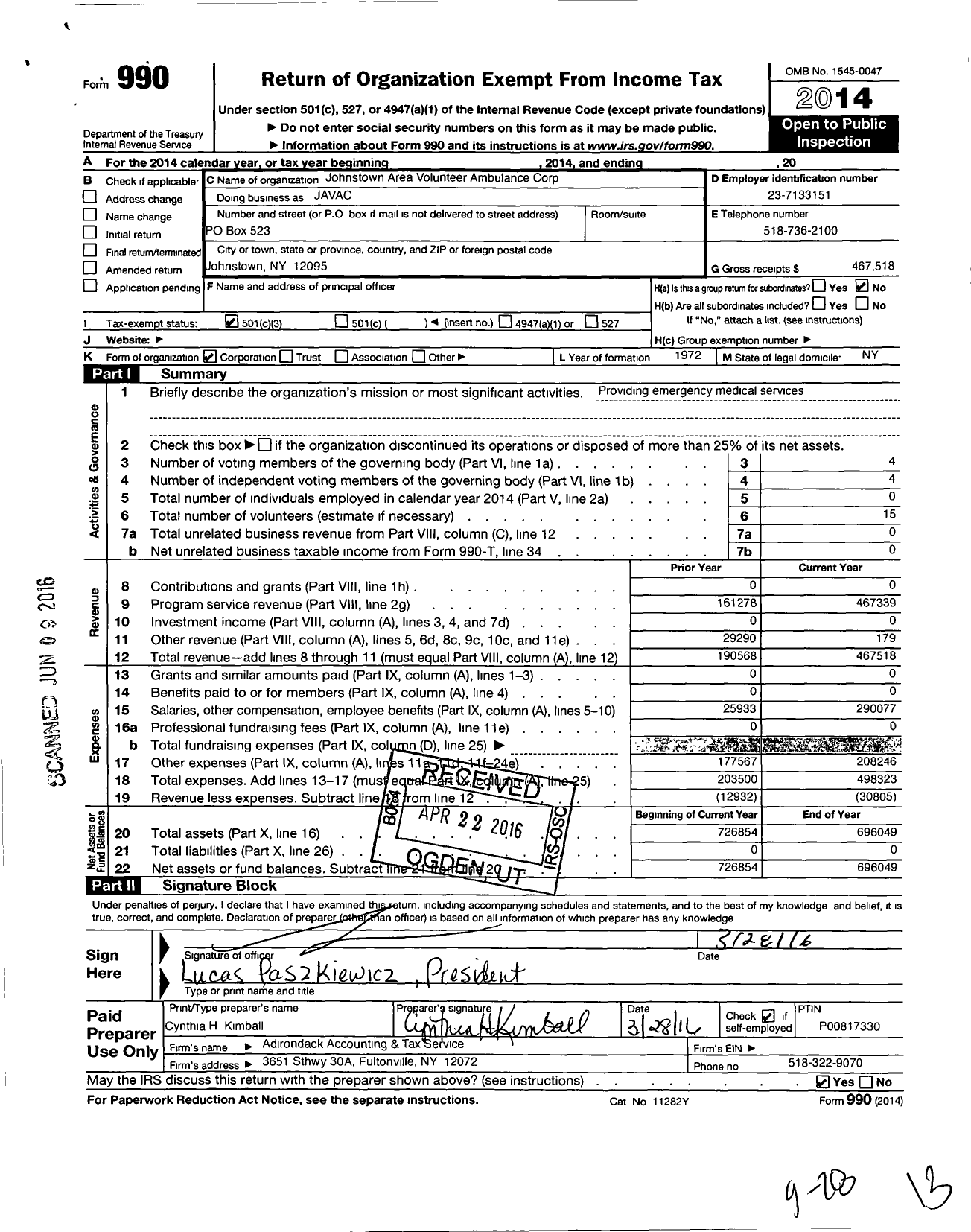 Image of first page of 2014 Form 990 for Johnstown Area Volunteer Ambulance Corporation (JAVAC)