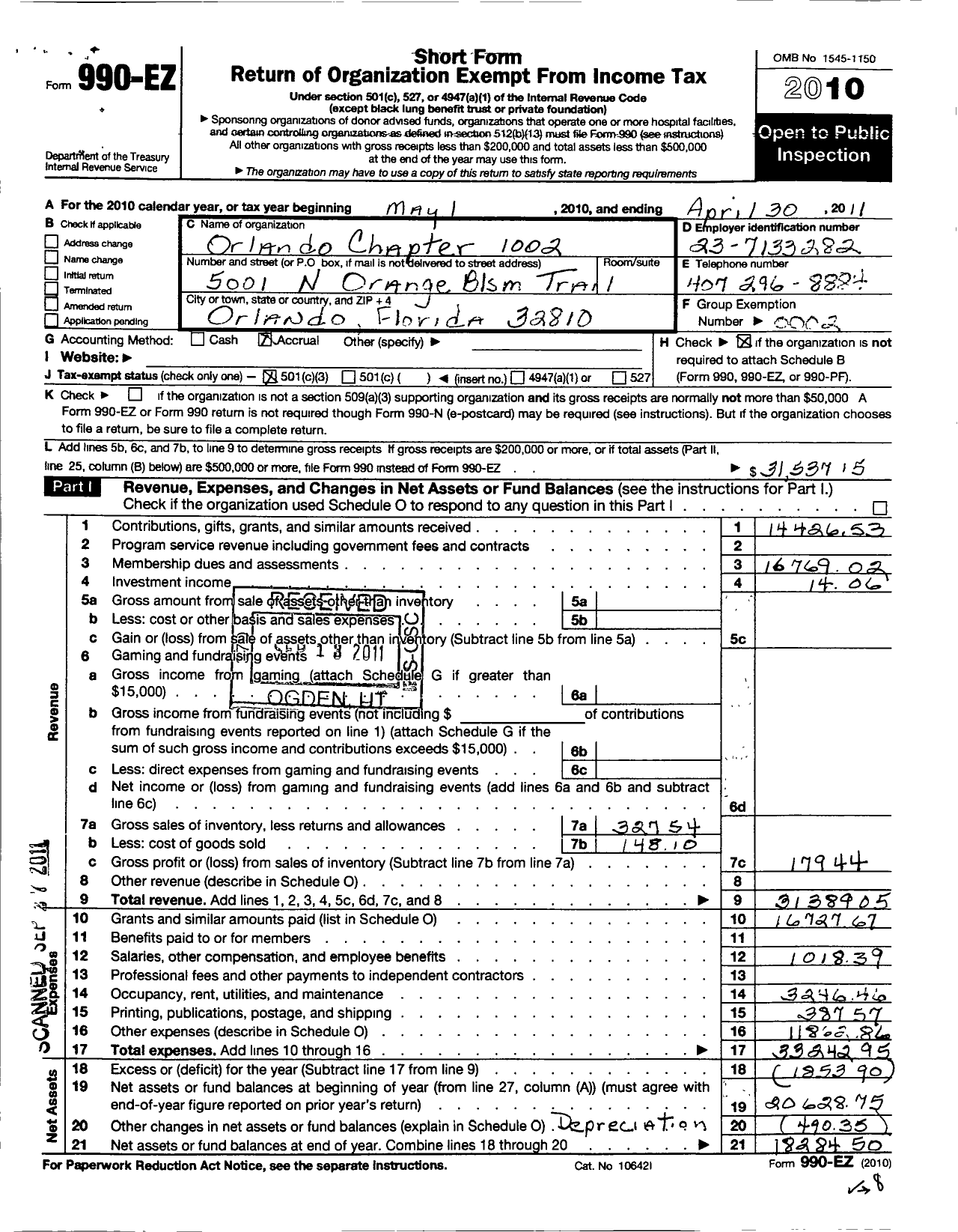 Image of first page of 2010 Form 990EZ for Loyal Order of Moose - 1002