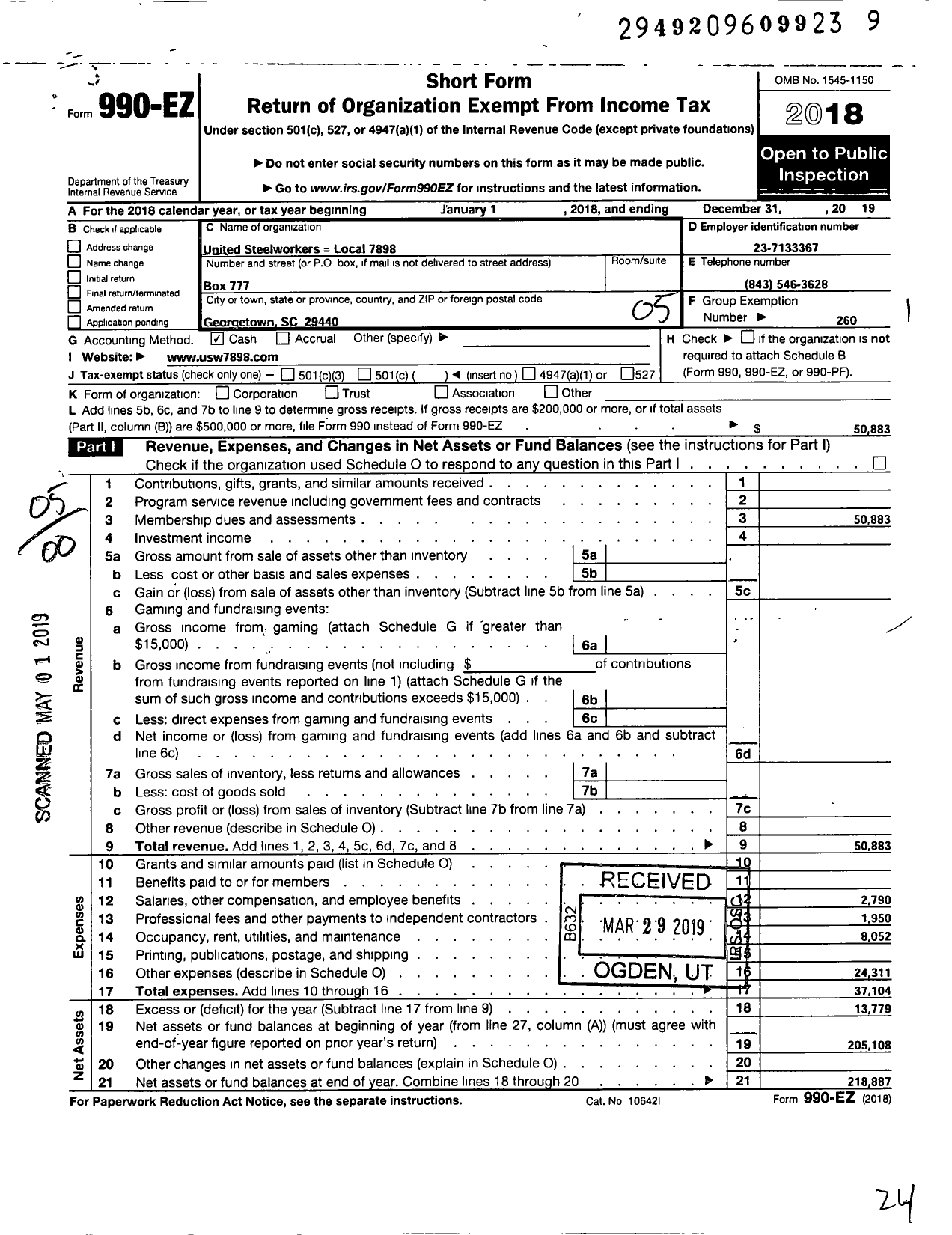 Image of first page of 2019 Form 990EO for United Steelworkers - 7898 Local