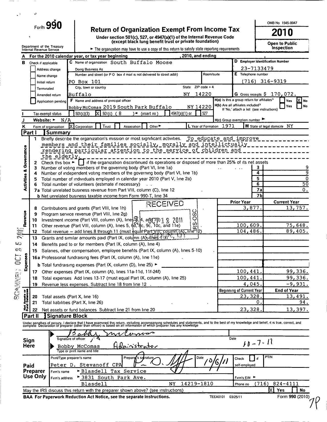 Image of first page of 2010 Form 990O for South Buffalo Moose