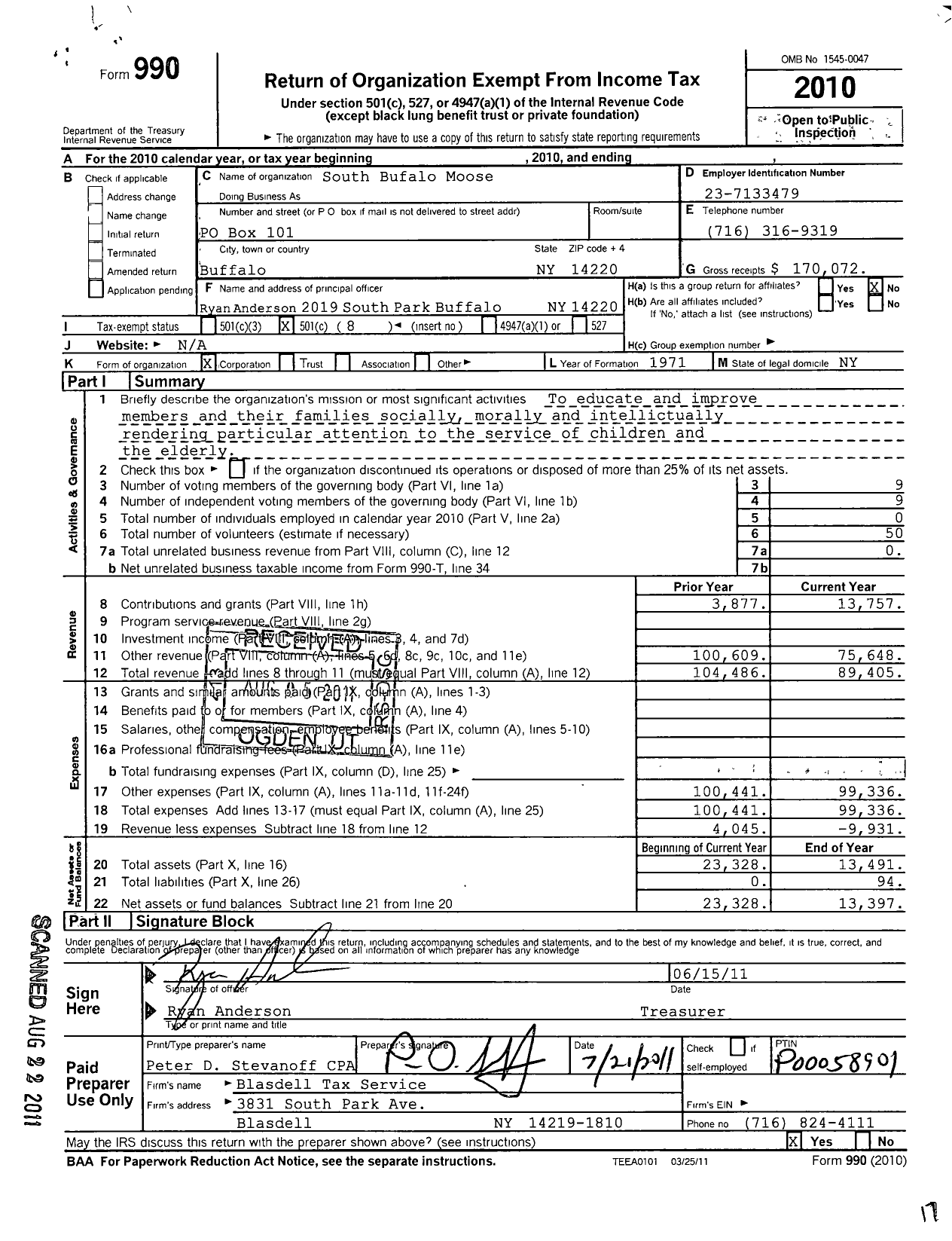 Image of first page of 2010 Form 990O for South Buffalo Moose