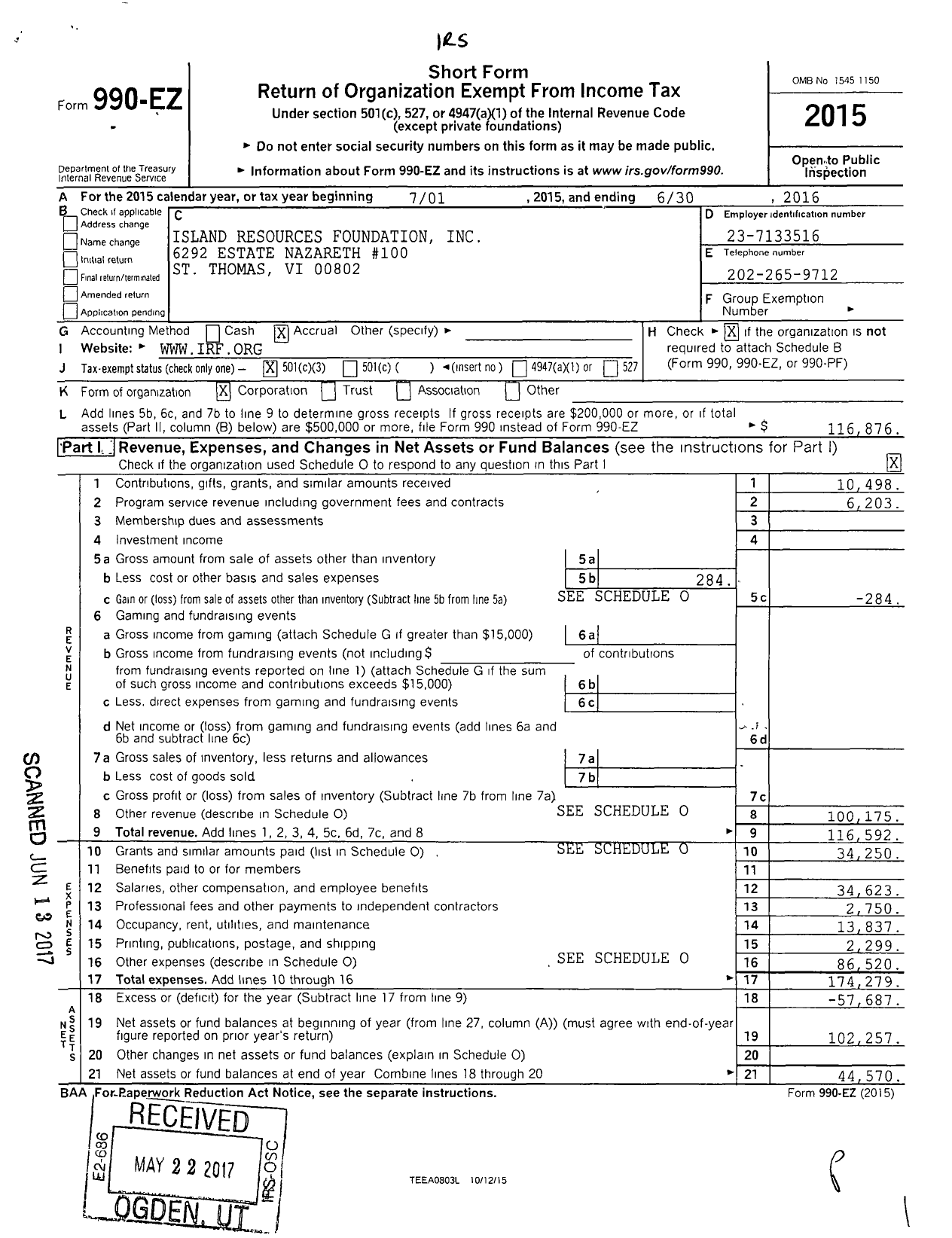 Image of first page of 2015 Form 990EZ for Island Resources Foundation