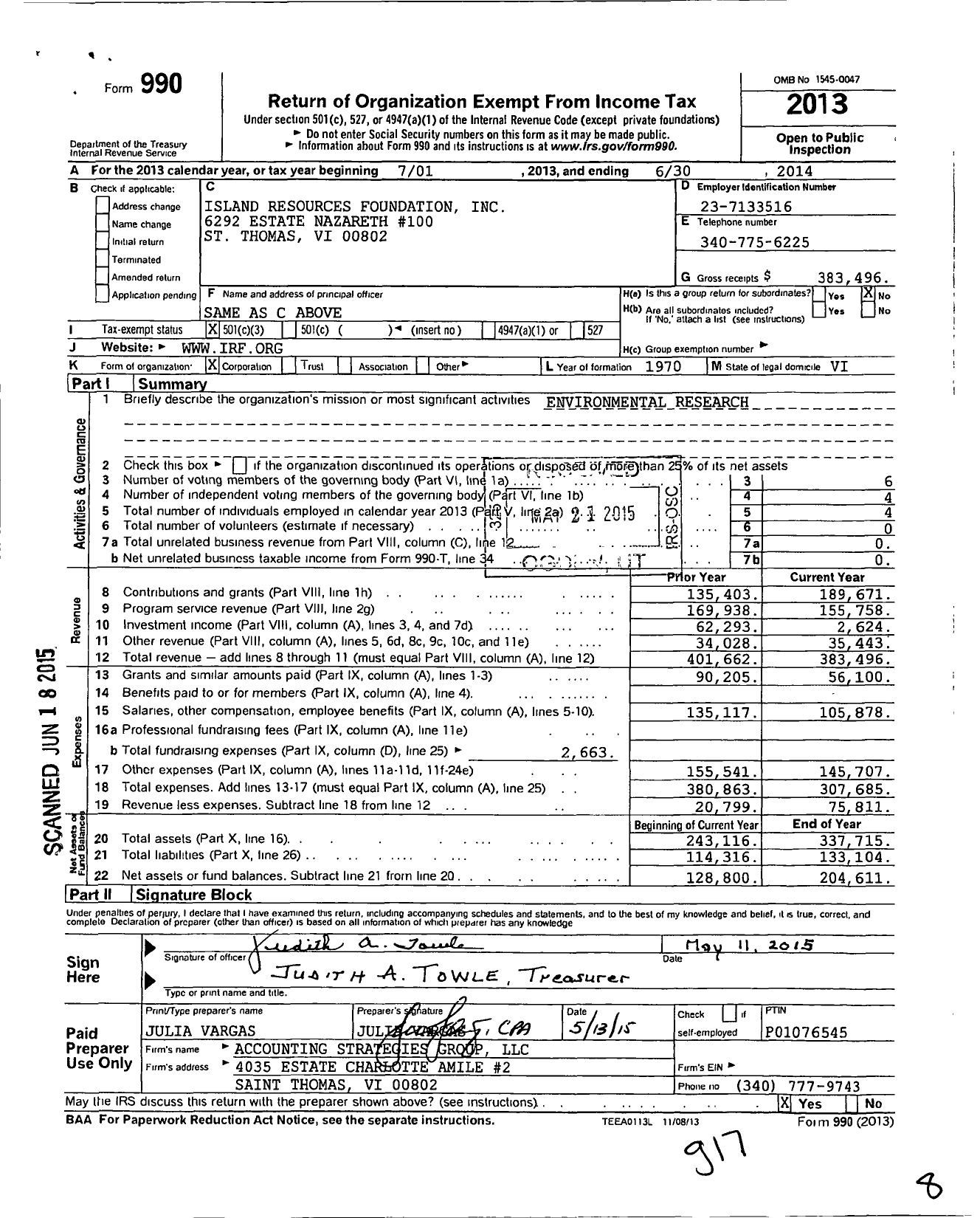 Image of first page of 2013 Form 990 for Island Resources Foundation