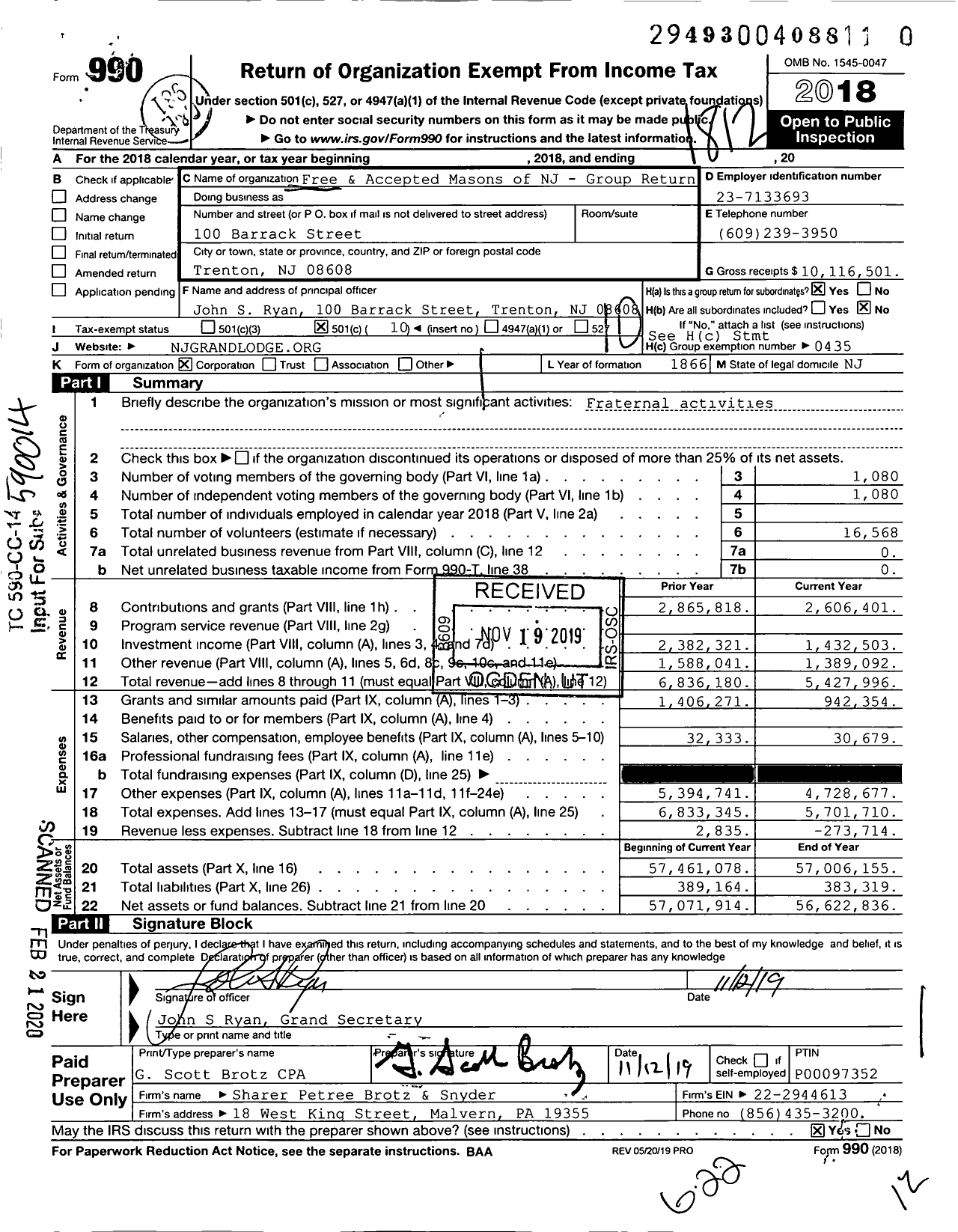 Image of first page of 2018 Form 990O for Free & Accepted Masons of New Jersey - Group Return